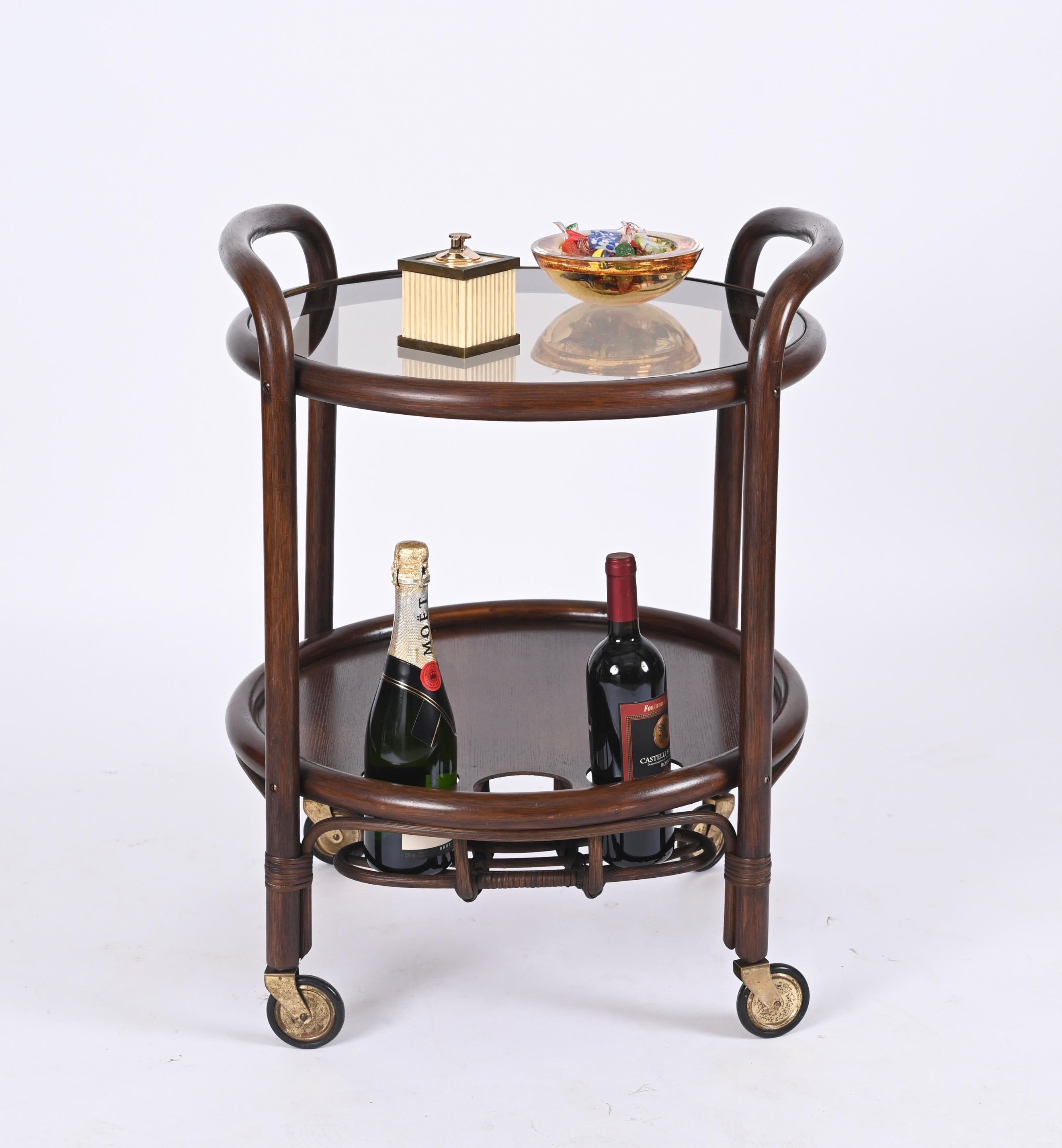 Midcentury Bar Serving Cart in Bamboo, Rattan and Smoked Glass, Italy, 1970s For Sale 5