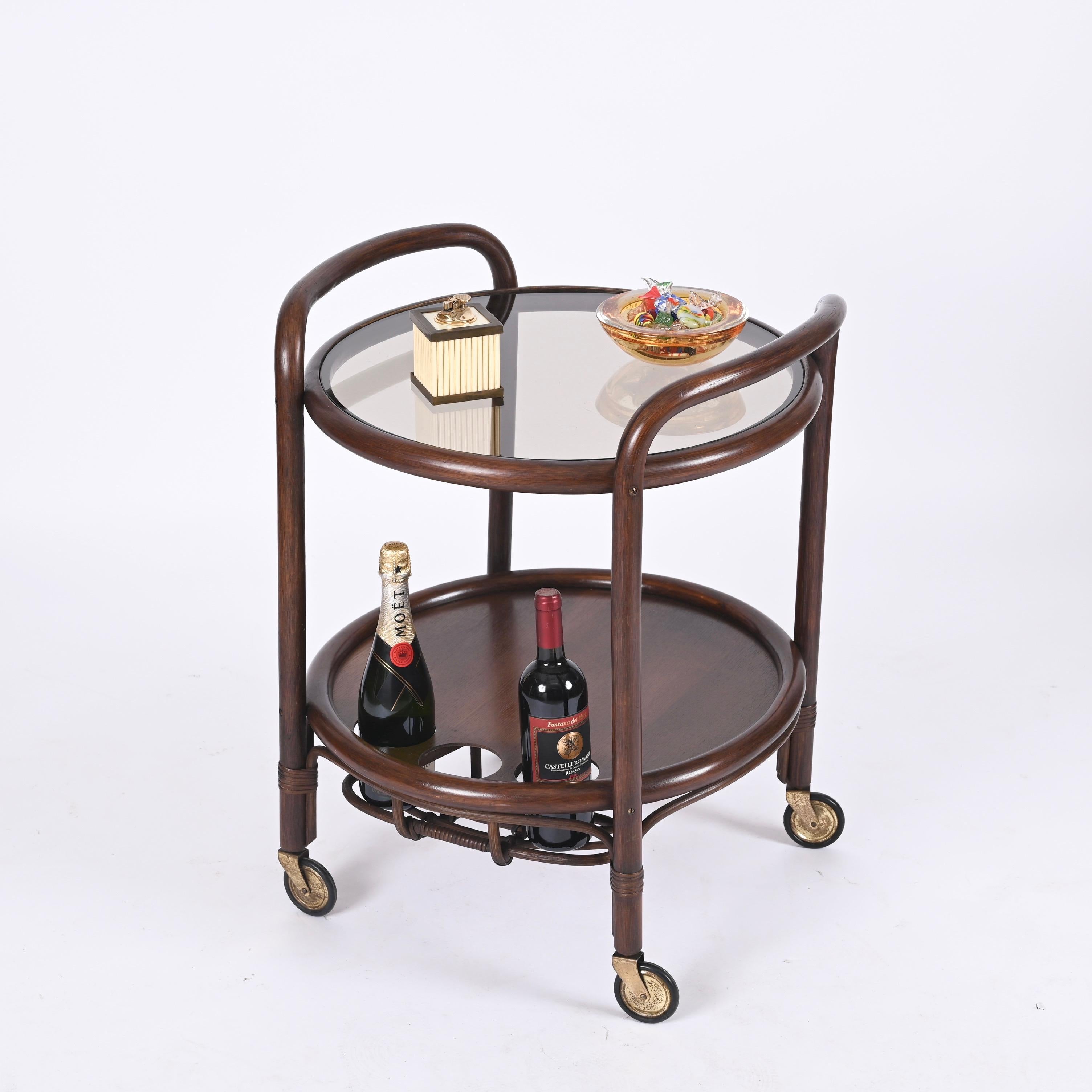 Midcentury Bar Serving Cart in Bamboo, Rattan and Smoked Glass, Italy, 1970s For Sale 8