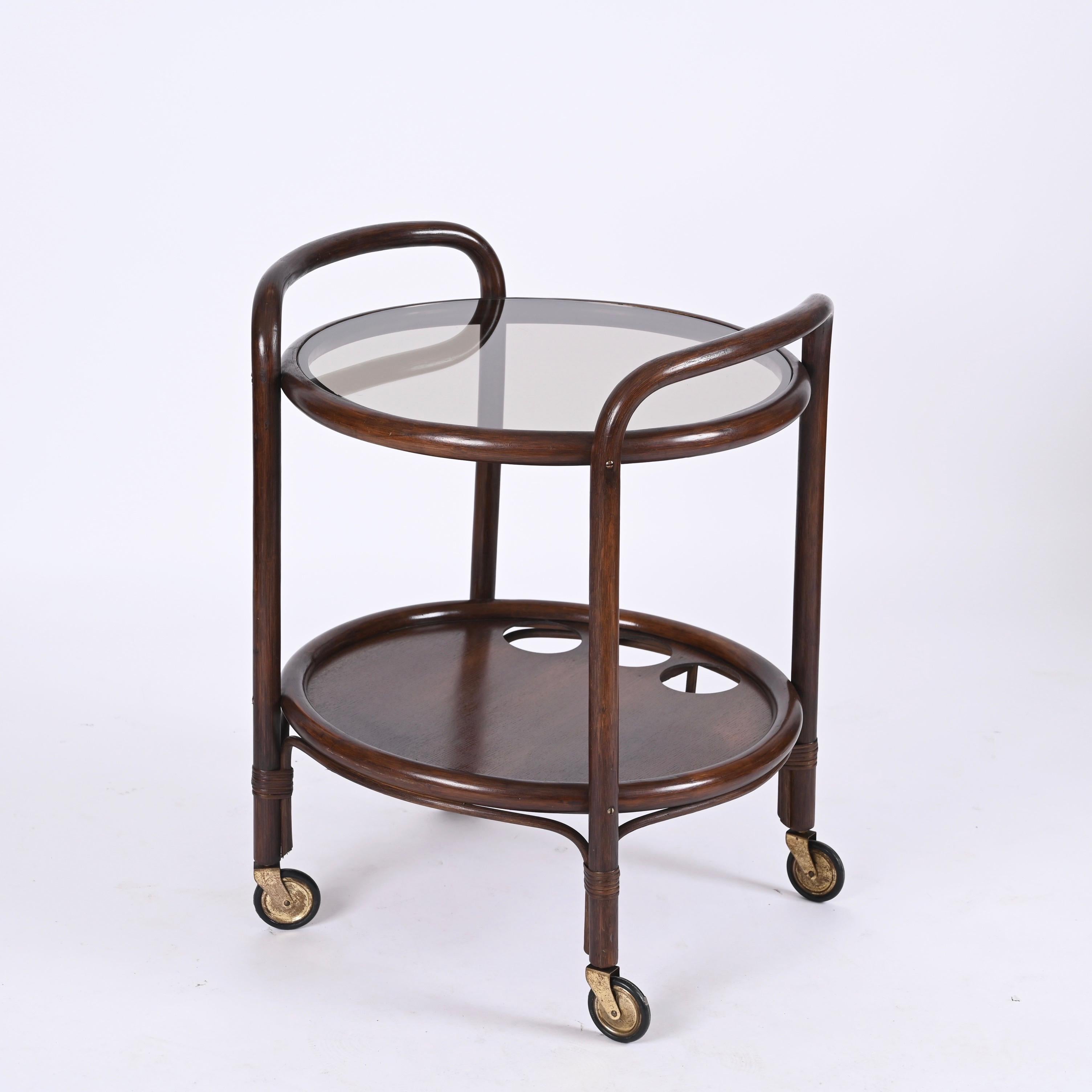 Italian Midcentury Bar Serving Cart in Bamboo, Rattan and Smoked Glass, Italy, 1970s For Sale