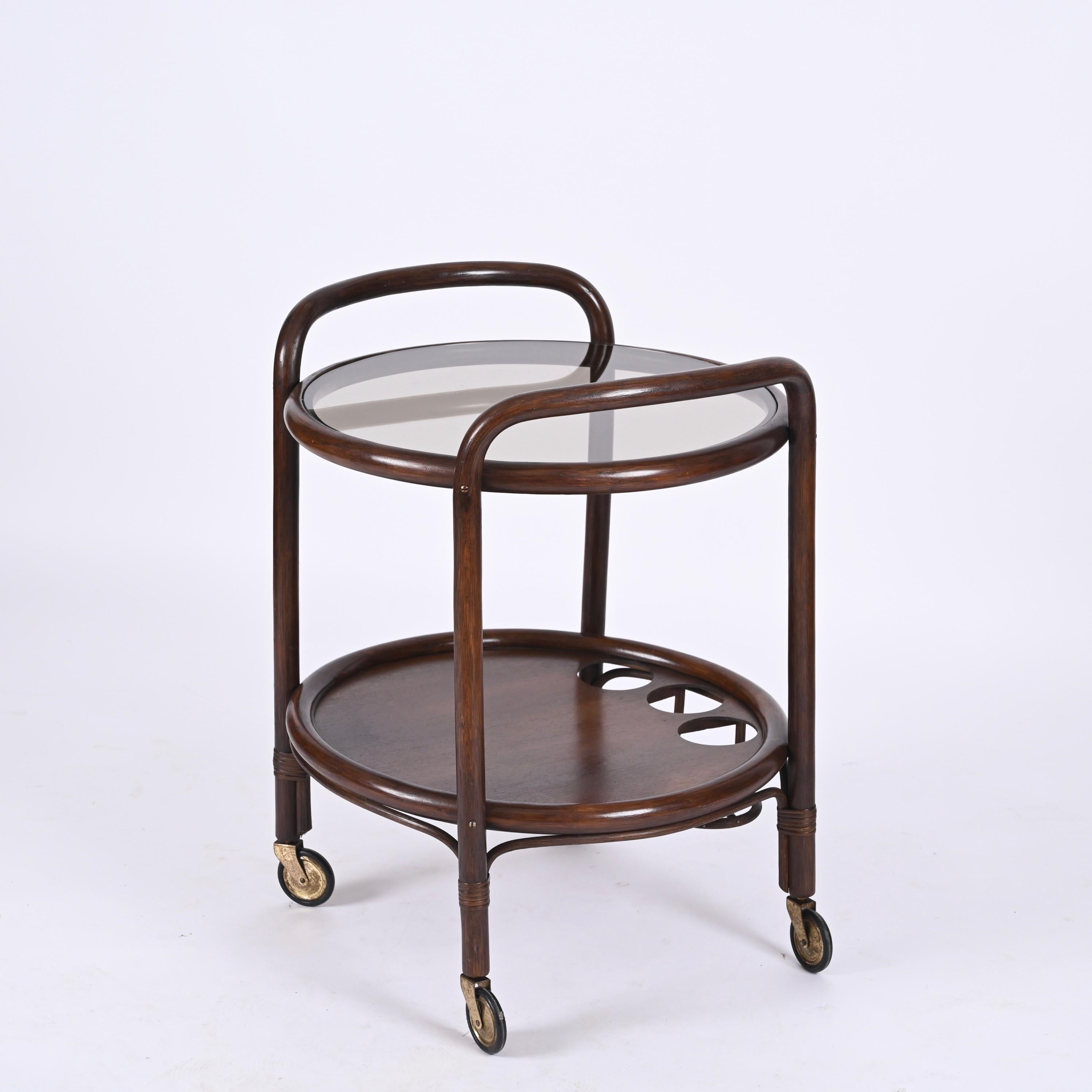 Midcentury Bar Serving Cart in Bamboo, Rattan and Smoked Glass, Italy, 1970s In Good Condition For Sale In Roma, IT