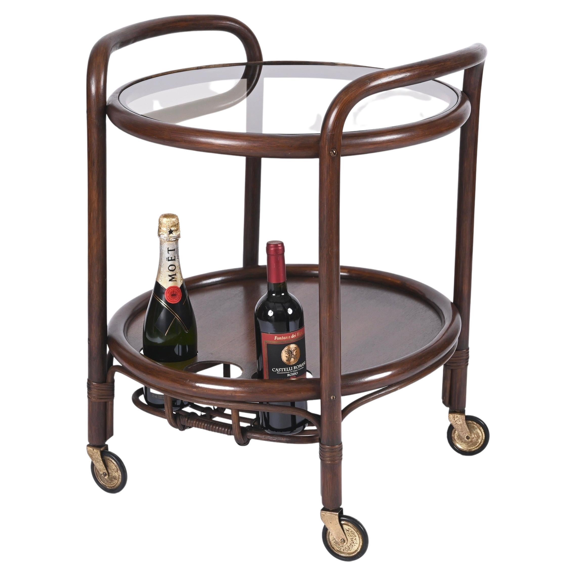 Midcentury Bar Serving Cart in Bamboo, Rattan and Smoked Glass, Italy, 1970s
