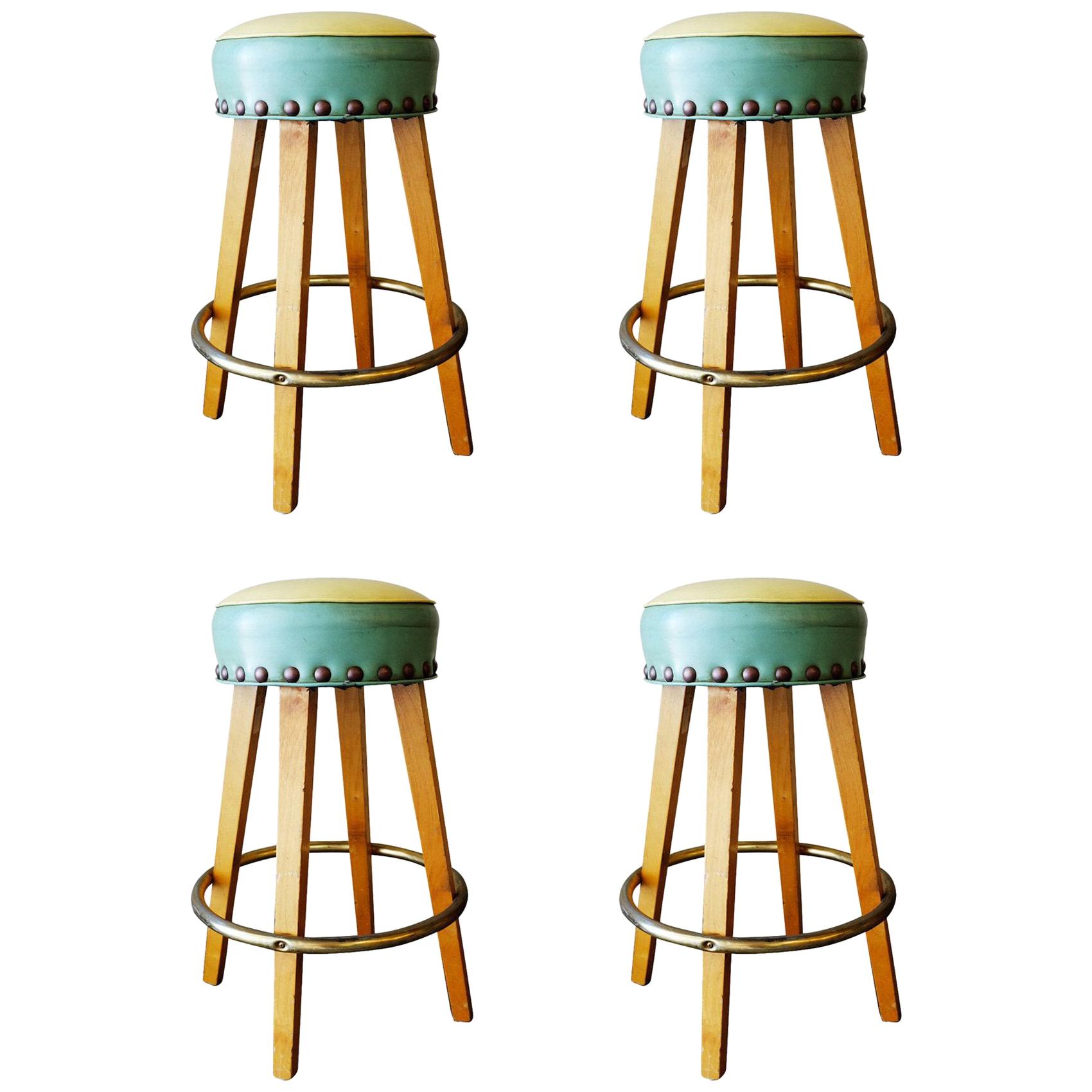 Mid-Century Large Nail Head Bar Stools with Brass Footrest, Set of 4