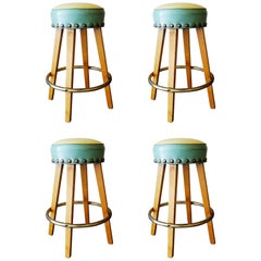 Mid-Century Large Nail Head Bar Stools with Brass Footrest, Set of 4