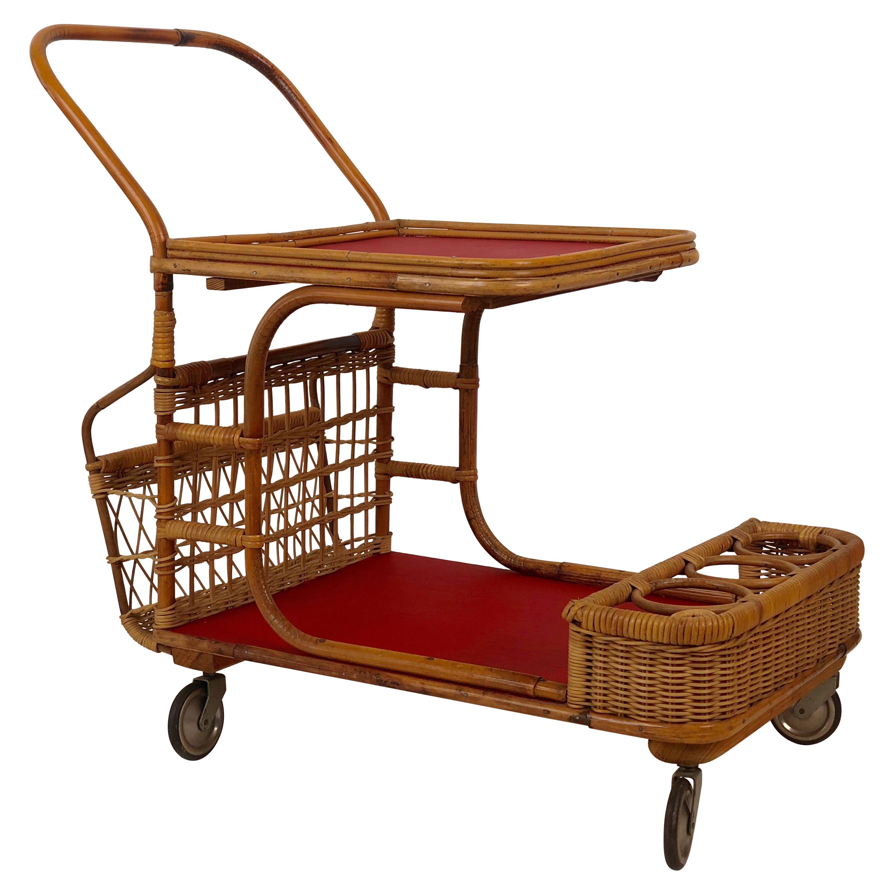 Midcentury Bar Wagon in Wicker with Red Shelves For Sale