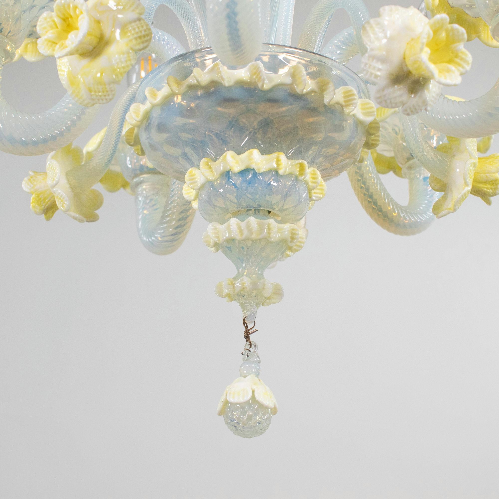 MidCentury Baroque Style Opaline Murano Chandelier with Yellow Lattimo Daffodils 3
