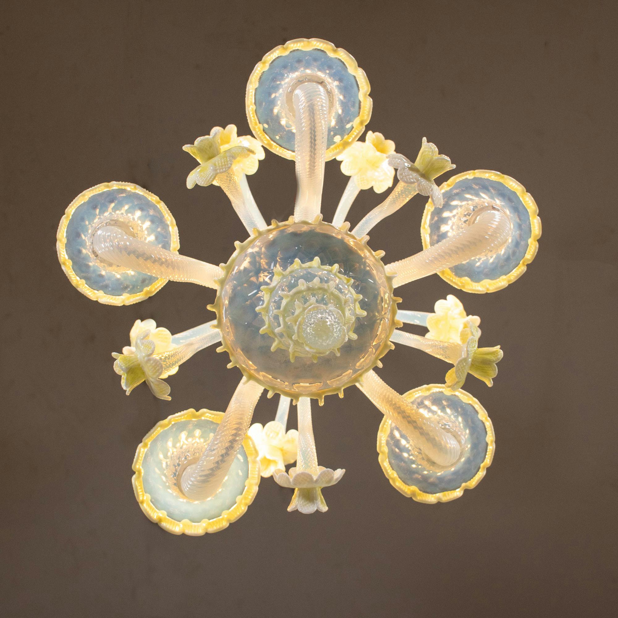 MidCentury Baroque Style Opaline Murano Chandelier with Yellow Lattimo Daffodils 4