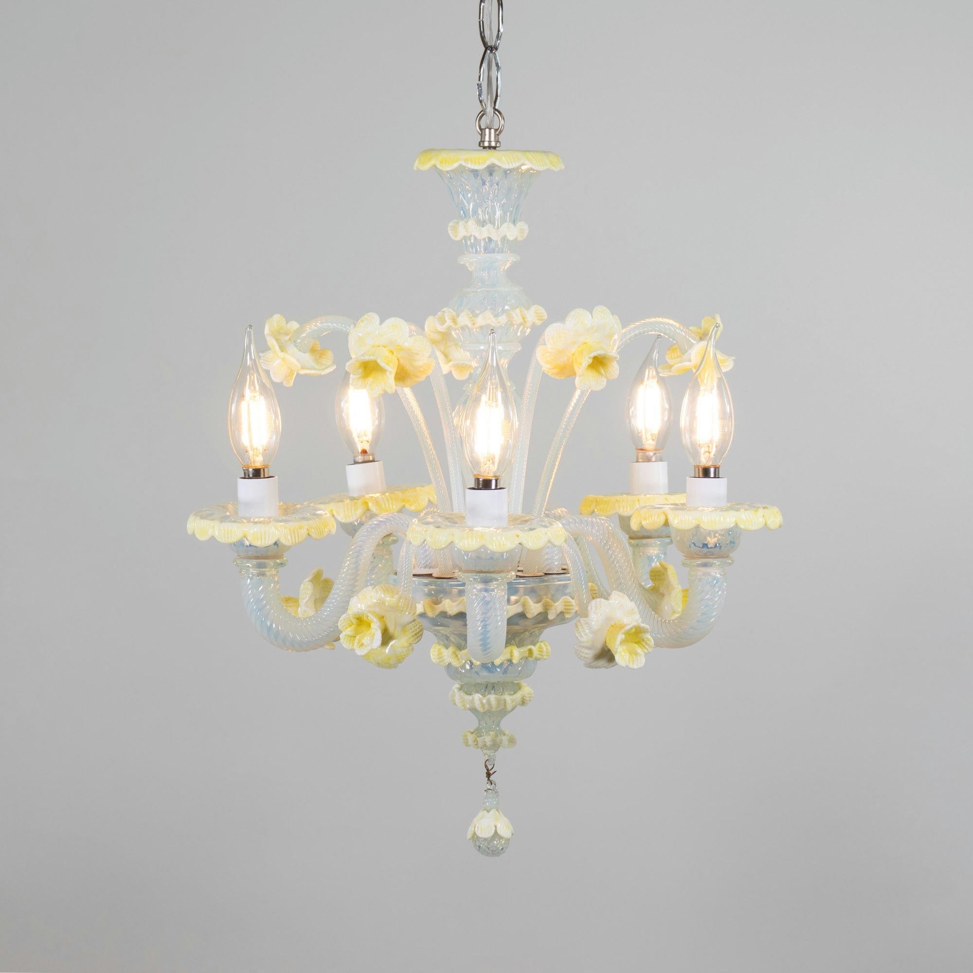 MidCentury Baroque Style Opaline Murano Chandelier with Yellow Lattimo Daffodils 5