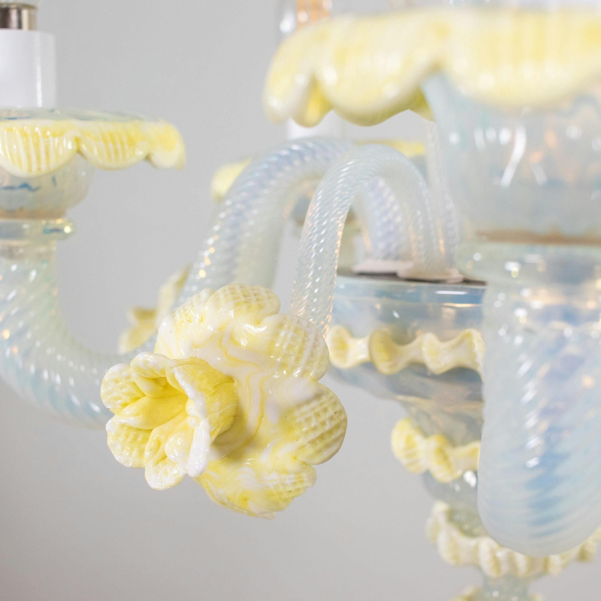 MidCentury Baroque Style Opaline Murano Chandelier with Yellow Lattimo Daffodils 6