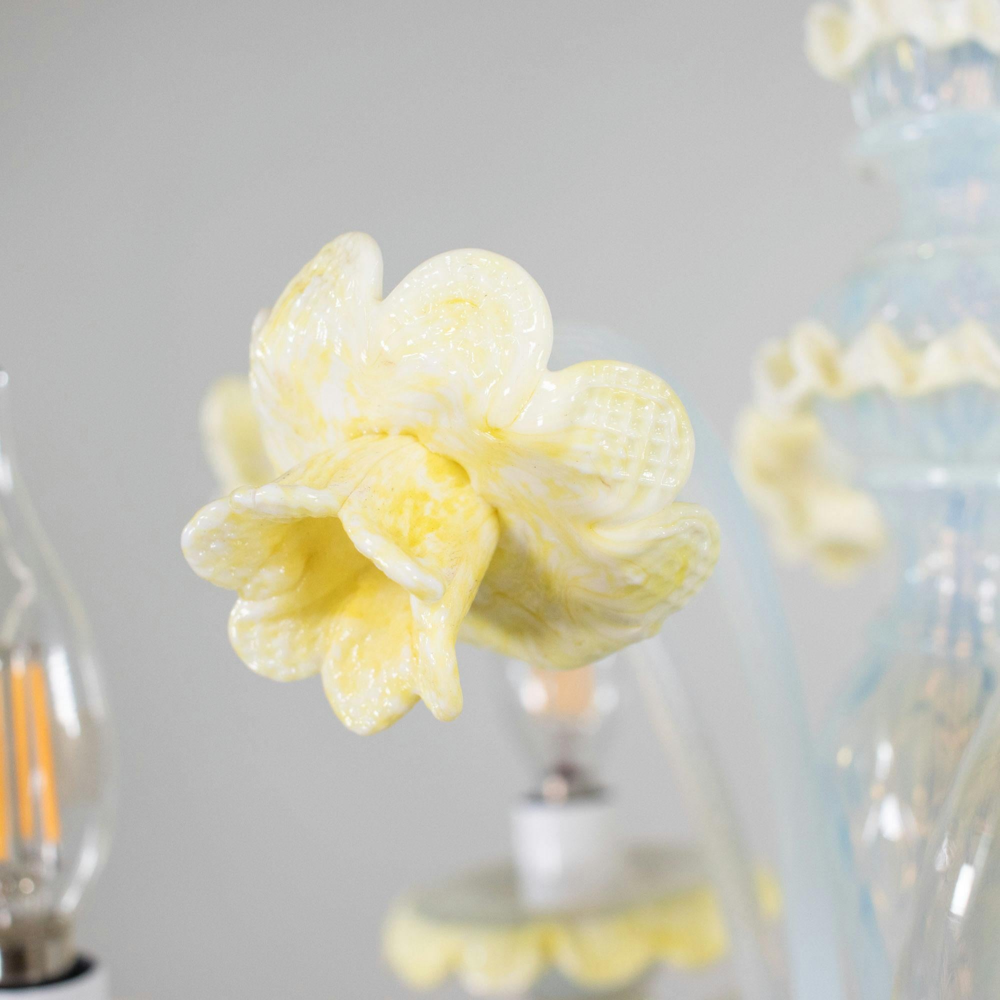 MidCentury Baroque Style Opaline Murano Chandelier with Yellow Lattimo Daffodils 8
