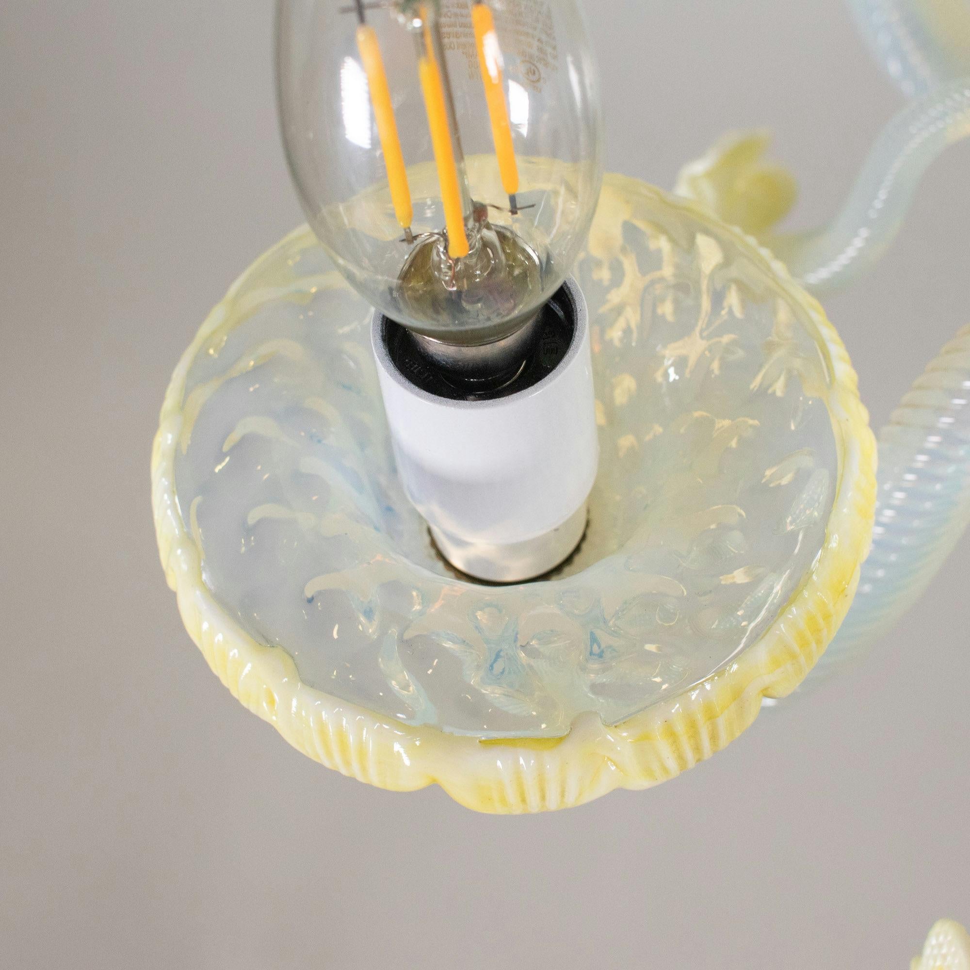 MidCentury Baroque Style Opaline Murano Chandelier with Yellow Lattimo Daffodils 9