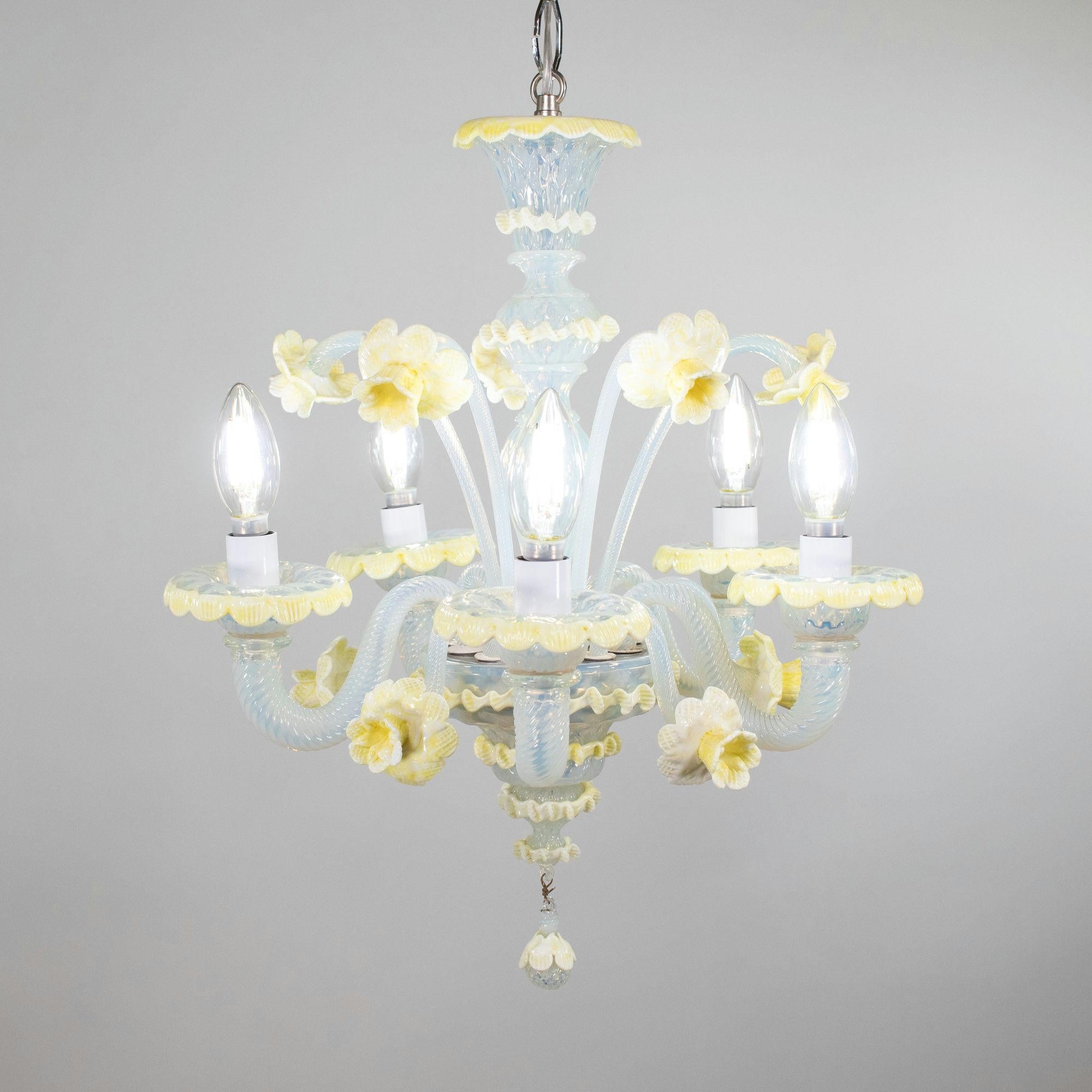 MidCentury Baroque Style Opaline Murano Chandelier with Yellow Lattimo Daffodils 10