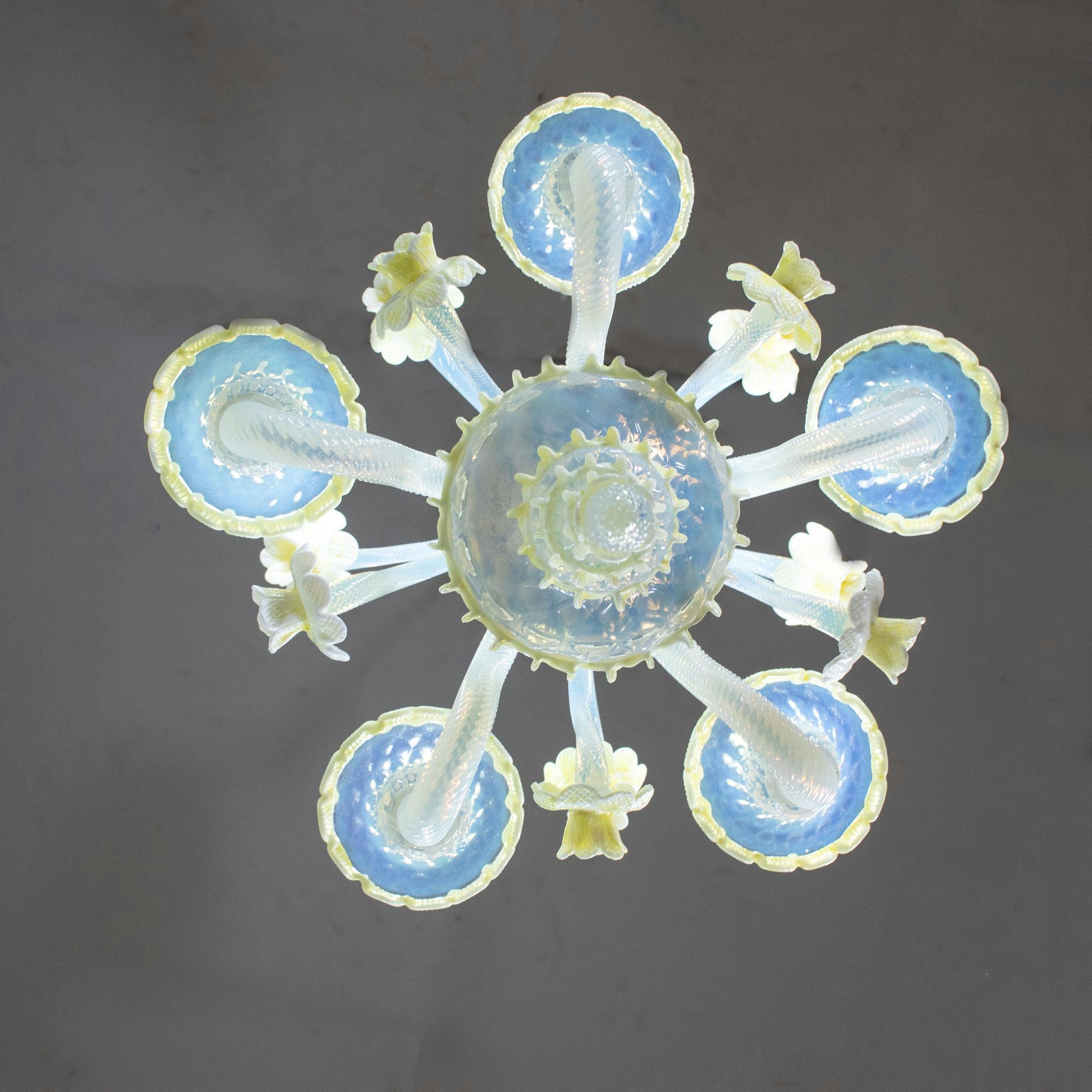 MidCentury Baroque Style Opaline Murano Chandelier with Yellow Lattimo Daffodils 12
