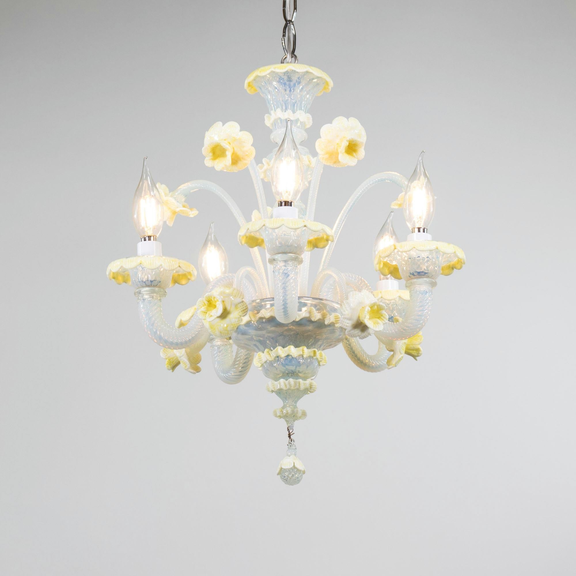 This mid-century baroque-style handcrafted yellow and opaline Murano chandelier has five undulating arms with petal-trimmed cups. The milky opaline glass veers towards a light blue color with subtle changes in the light. Two tiers of Daffodils