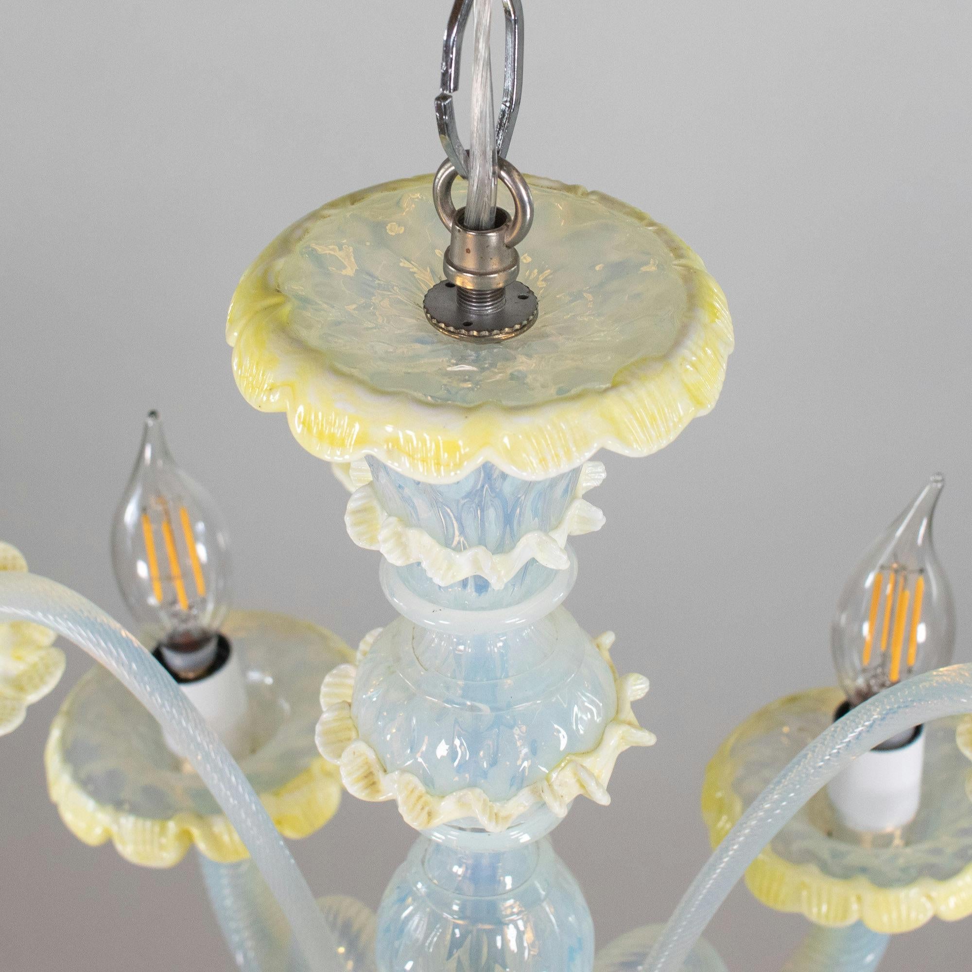 Italian MidCentury Baroque Style Opaline Murano Chandelier with Yellow Lattimo Daffodils