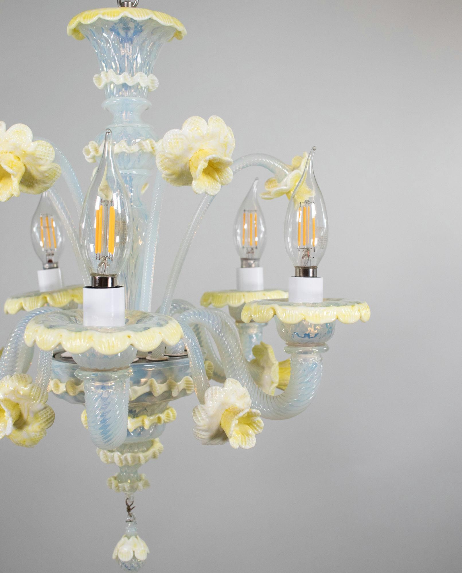 Hand-Crafted MidCentury Baroque Style Opaline Murano Chandelier with Yellow Lattimo Daffodils