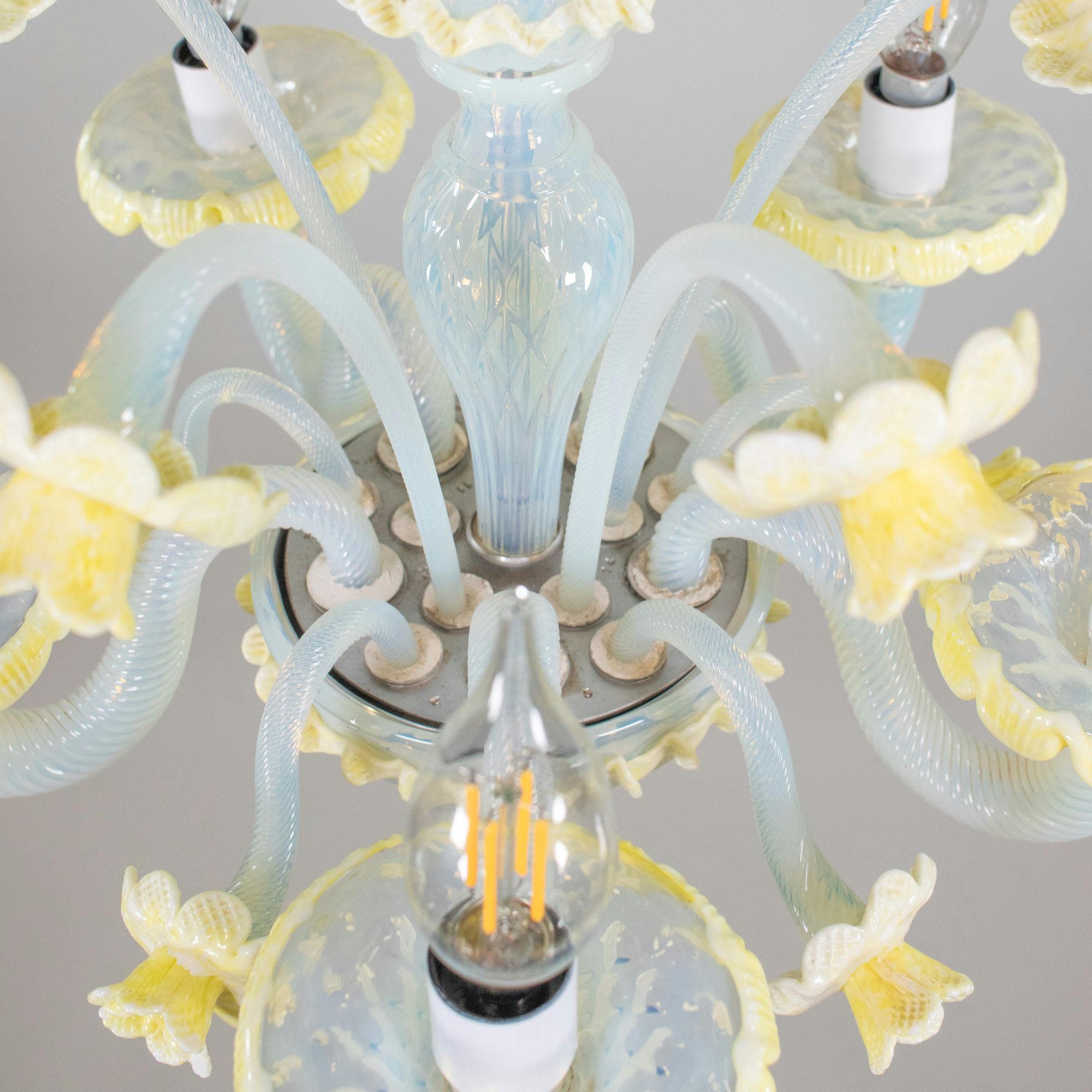MidCentury Baroque Style Opaline Murano Chandelier with Yellow Lattimo Daffodils In Good Condition In Chicago, IL