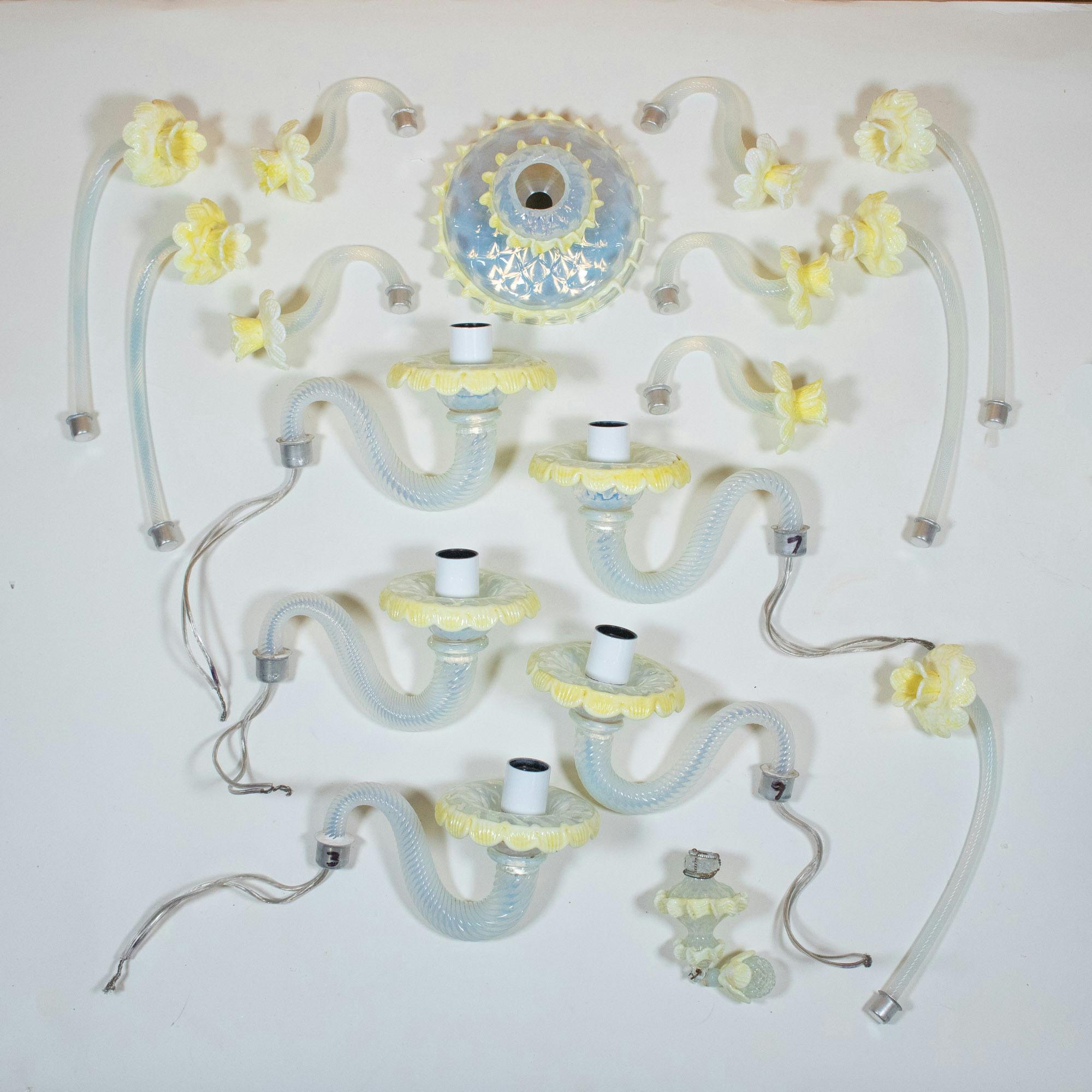 MidCentury Baroque Style Opaline Murano Chandelier with Yellow Lattimo Daffodils 1