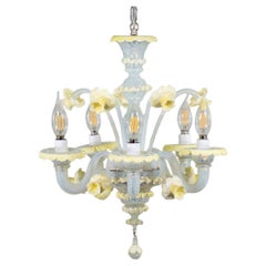 MidCentury Baroque Style Opaline Murano Chandelier with Yellow Lattimo Daffodils