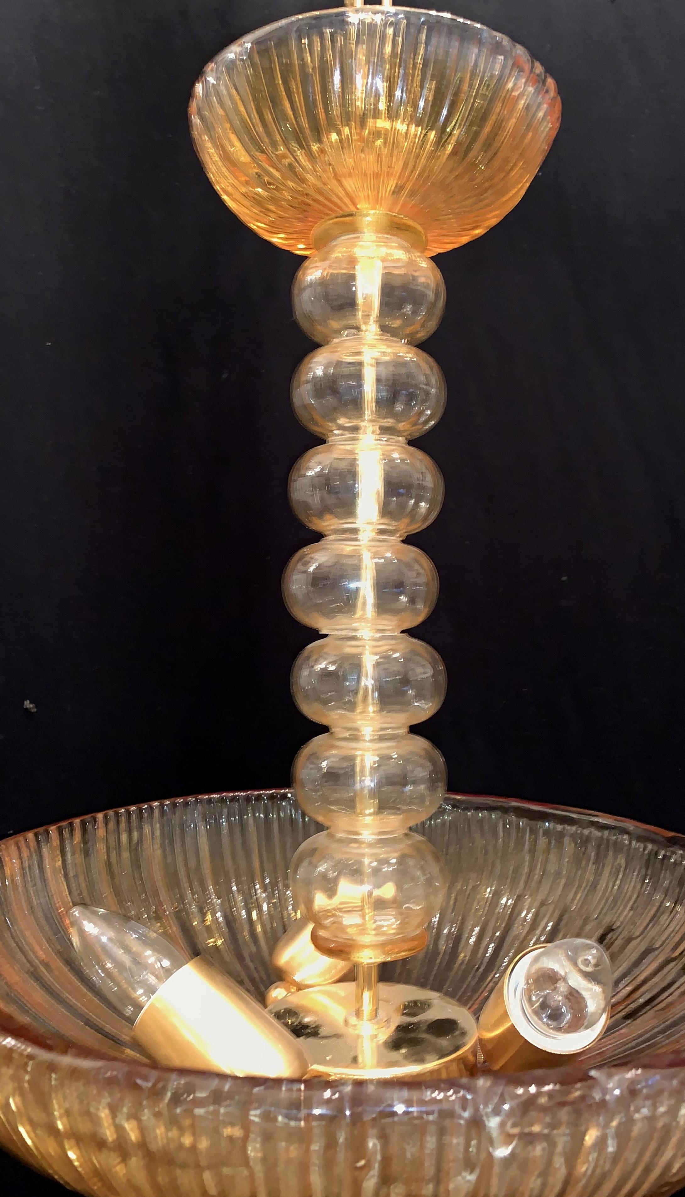 Mid-Century Modern Midcentury Barovier Seguso Murano Italian Ribbed Amber Glass Dome Chandelier For Sale