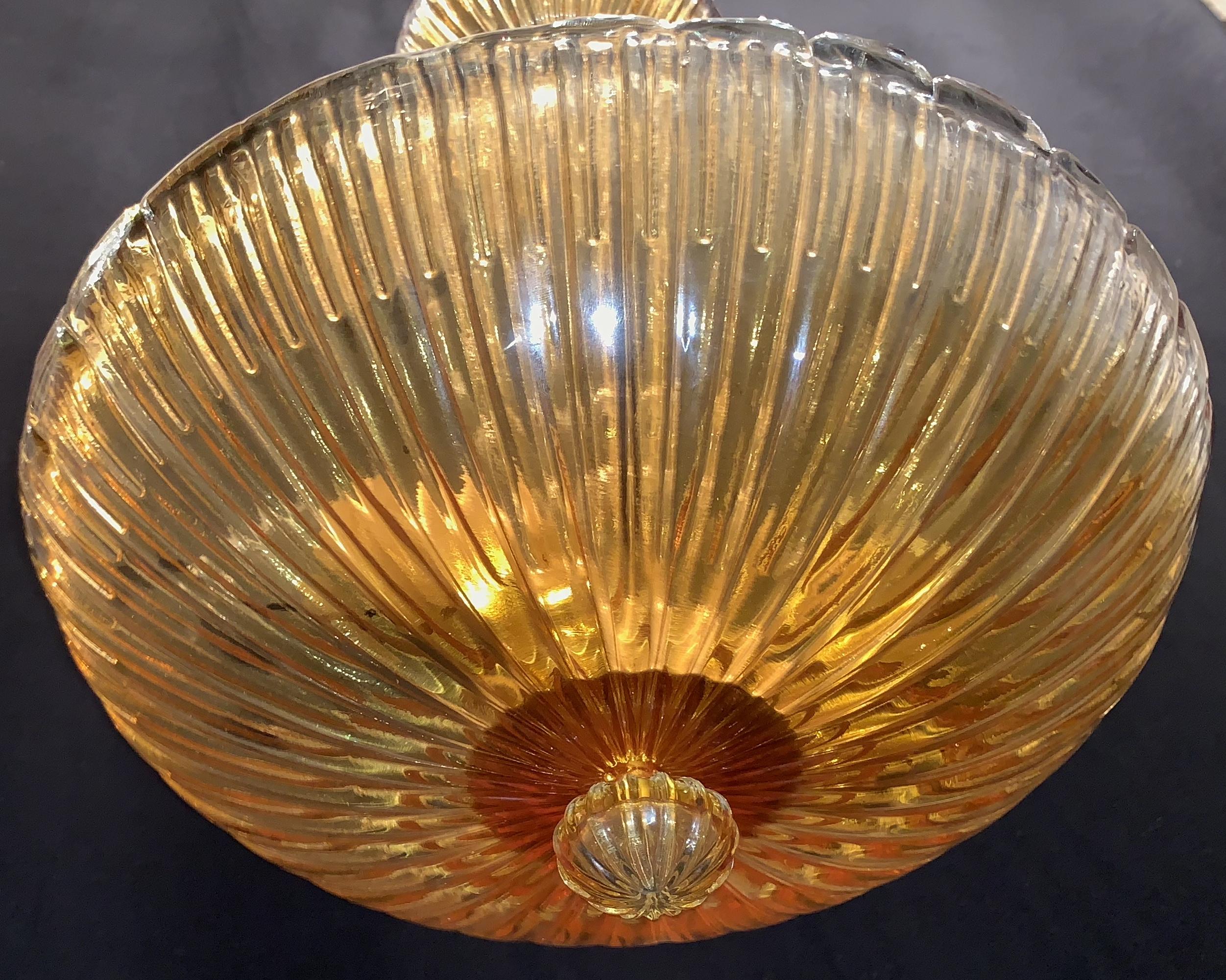 Midcentury Barovier Seguso Murano Italian Ribbed Amber Glass Dome Chandelier In Good Condition For Sale In Roslyn, NY