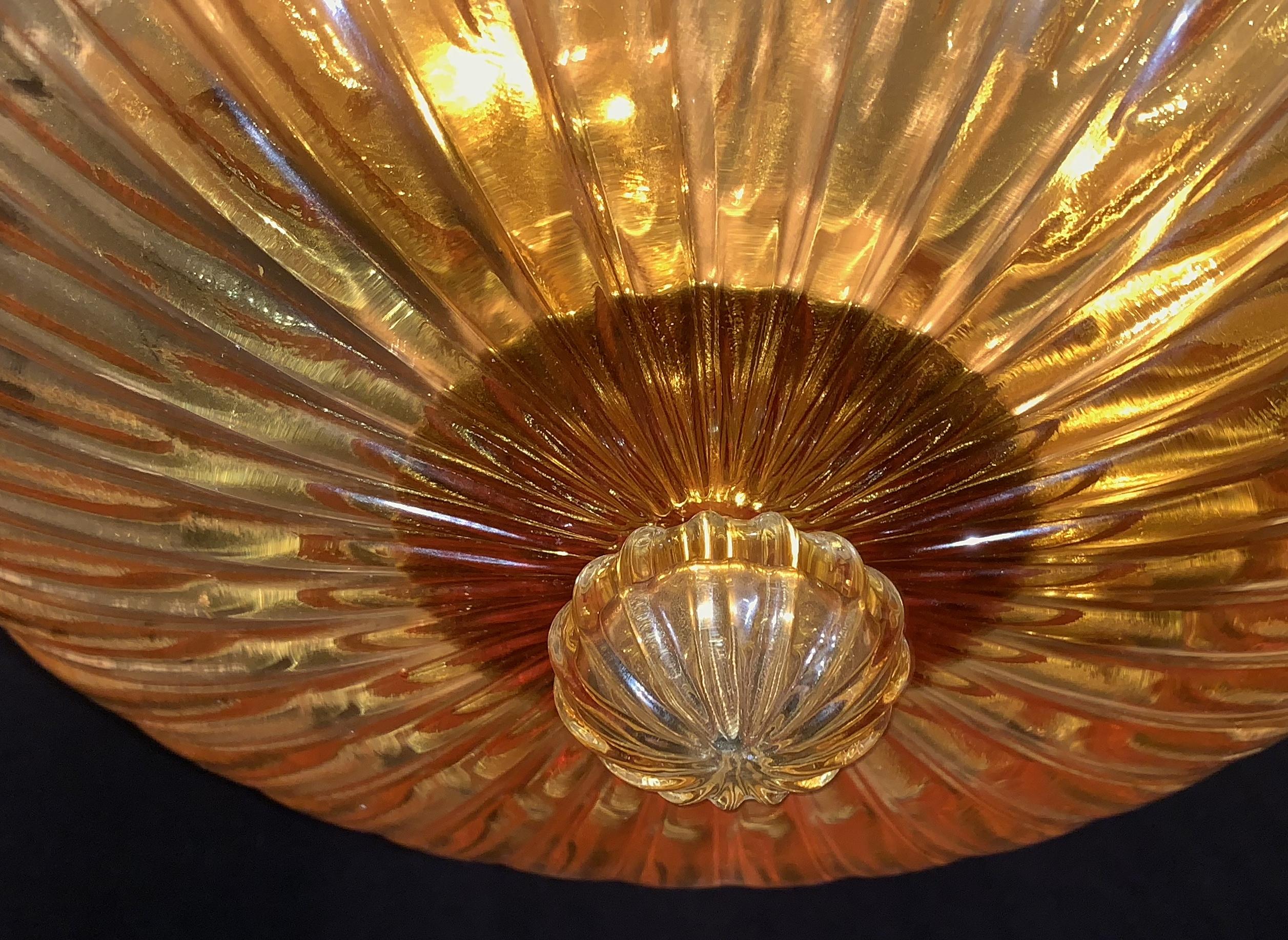20th Century Midcentury Barovier Seguso Murano Italian Ribbed Amber Glass Dome Chandelier For Sale