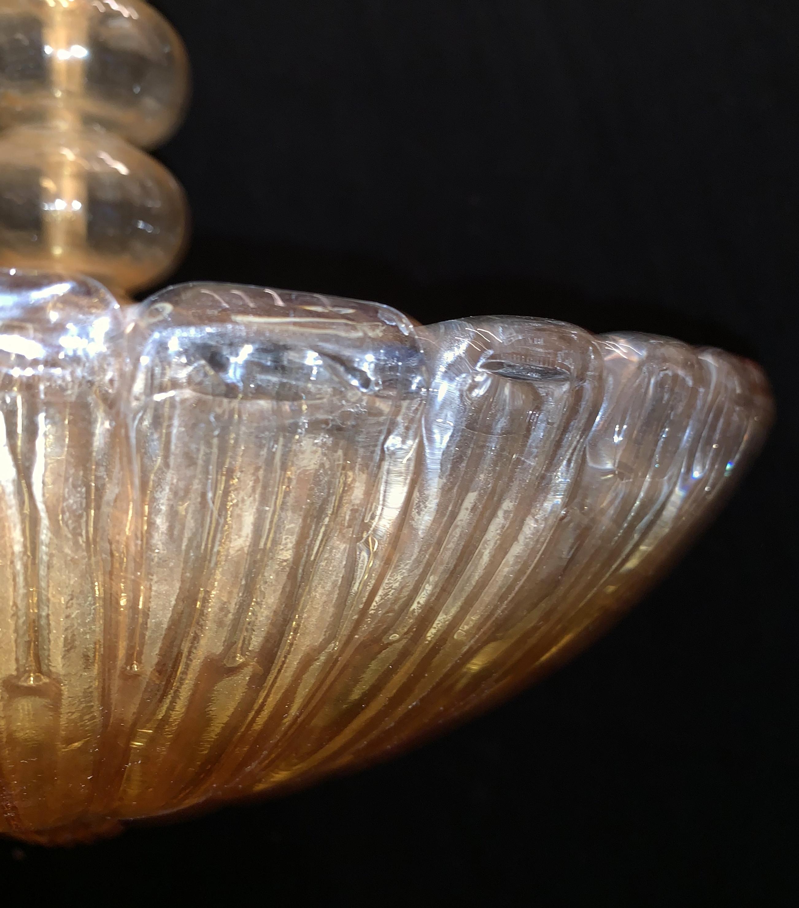 Art Glass Midcentury Barovier Seguso Murano Italian Ribbed Amber Glass Dome Chandelier For Sale
