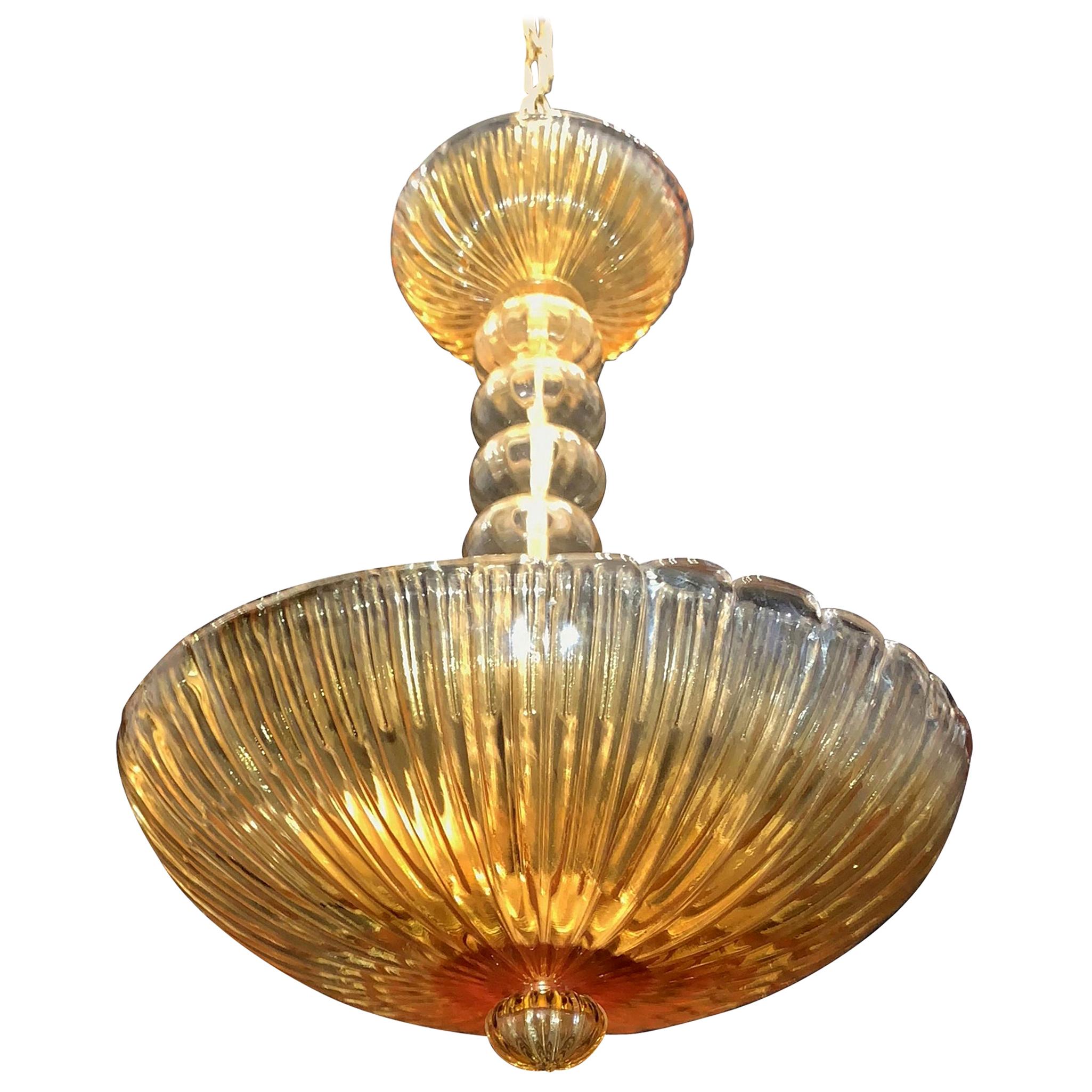 Midcentury Barovier Seguso Murano Italian Ribbed Amber Glass Dome Chandelier For Sale