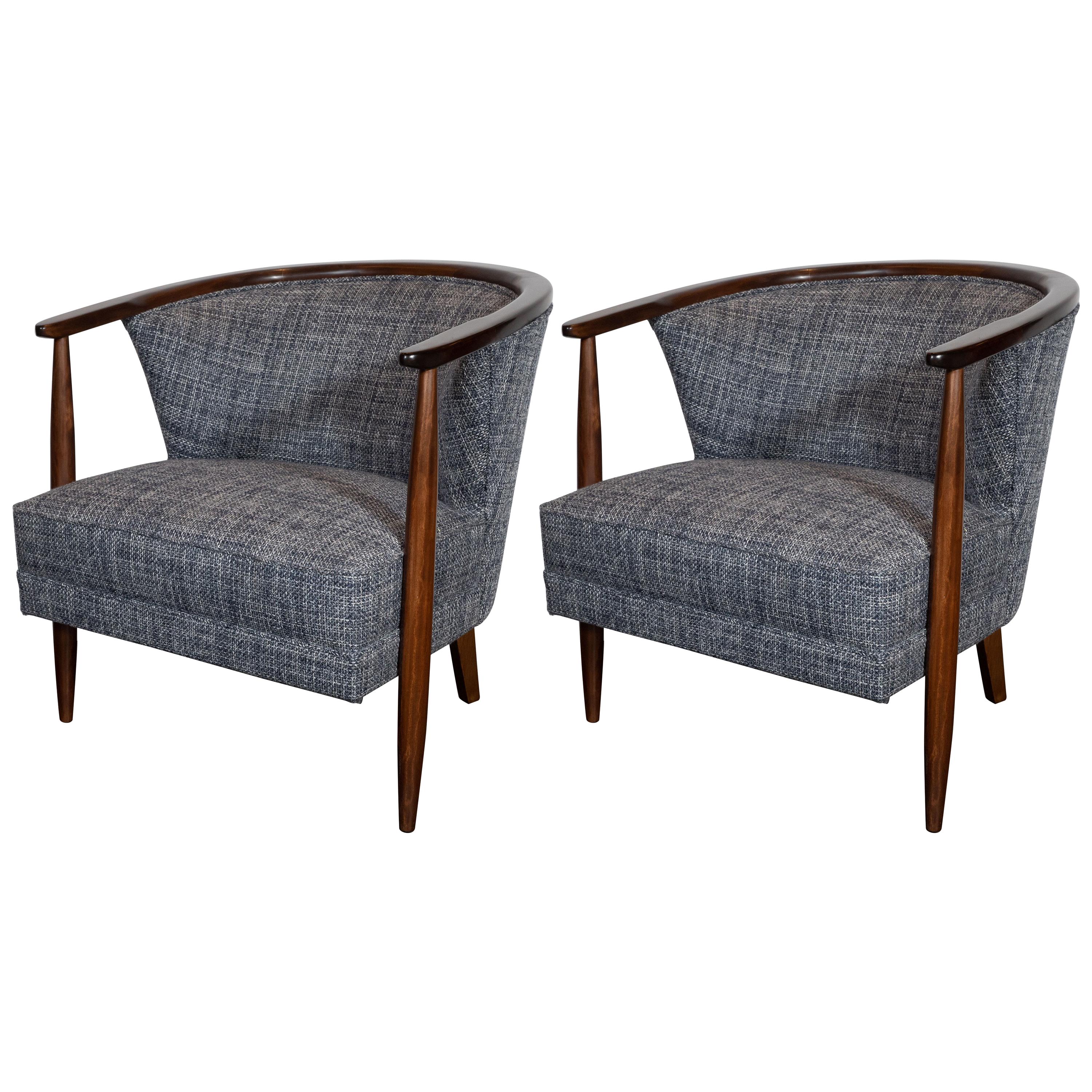 Midcentury Barrel Back Chairs in Handrubbed Walnut with Rectilinear Upholstery