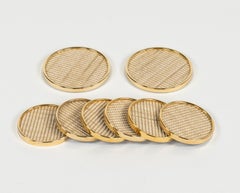 Midcentury Barware Set of 8 Coasters in Brass and Rope, Italy 1970s