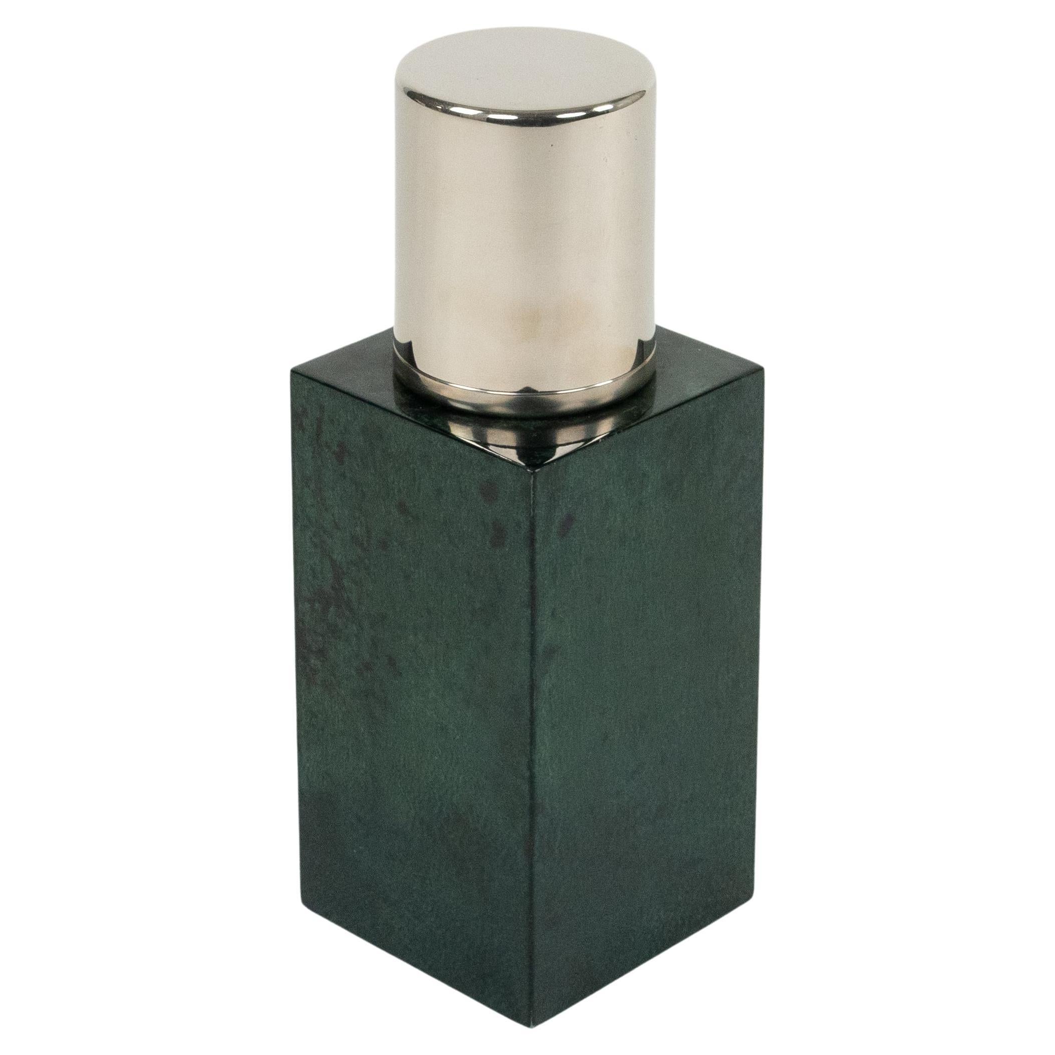 Midcentury Barware Shaker in Green Goatskin and Steel by Aldo Tura, Italy 1950s