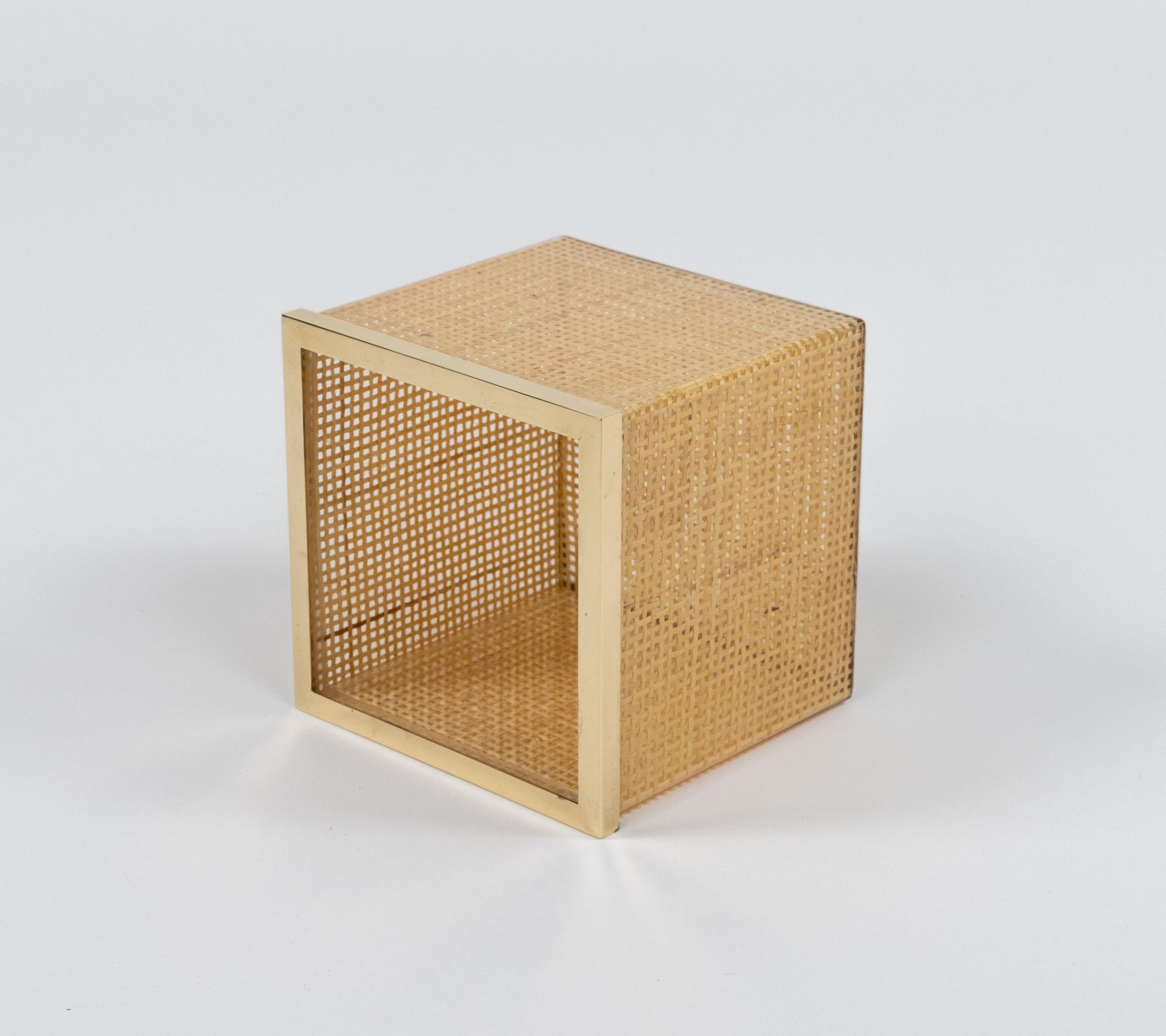 Late 20th Century Midcentury Basket in Lucite, Wicker and Brass Christian Dior Style, Italy 1970s For Sale