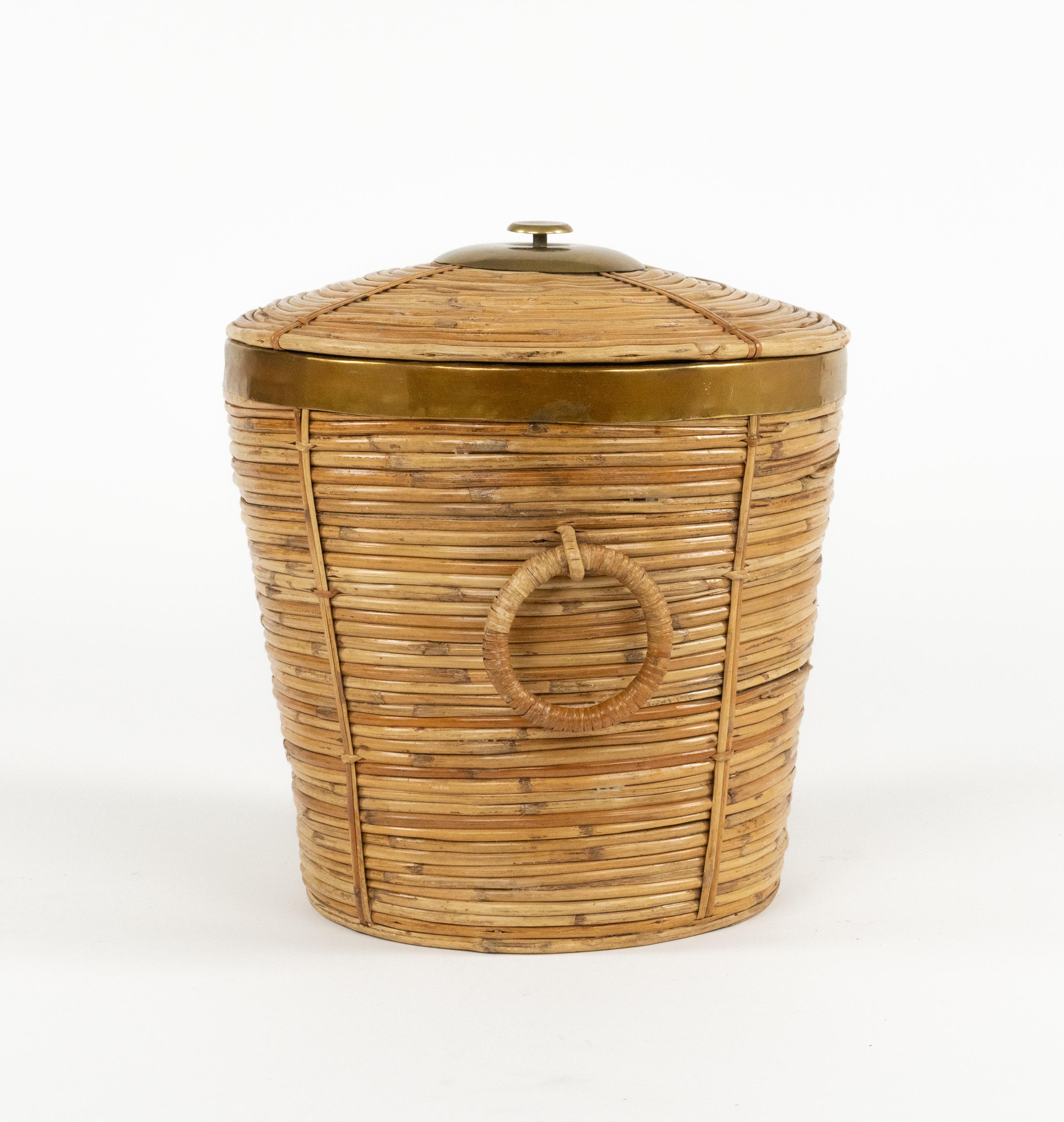 Midcentury Korb Rattan, Weide und Messing Vivai del Sud Stil, Italien 1970er im Angebot 3