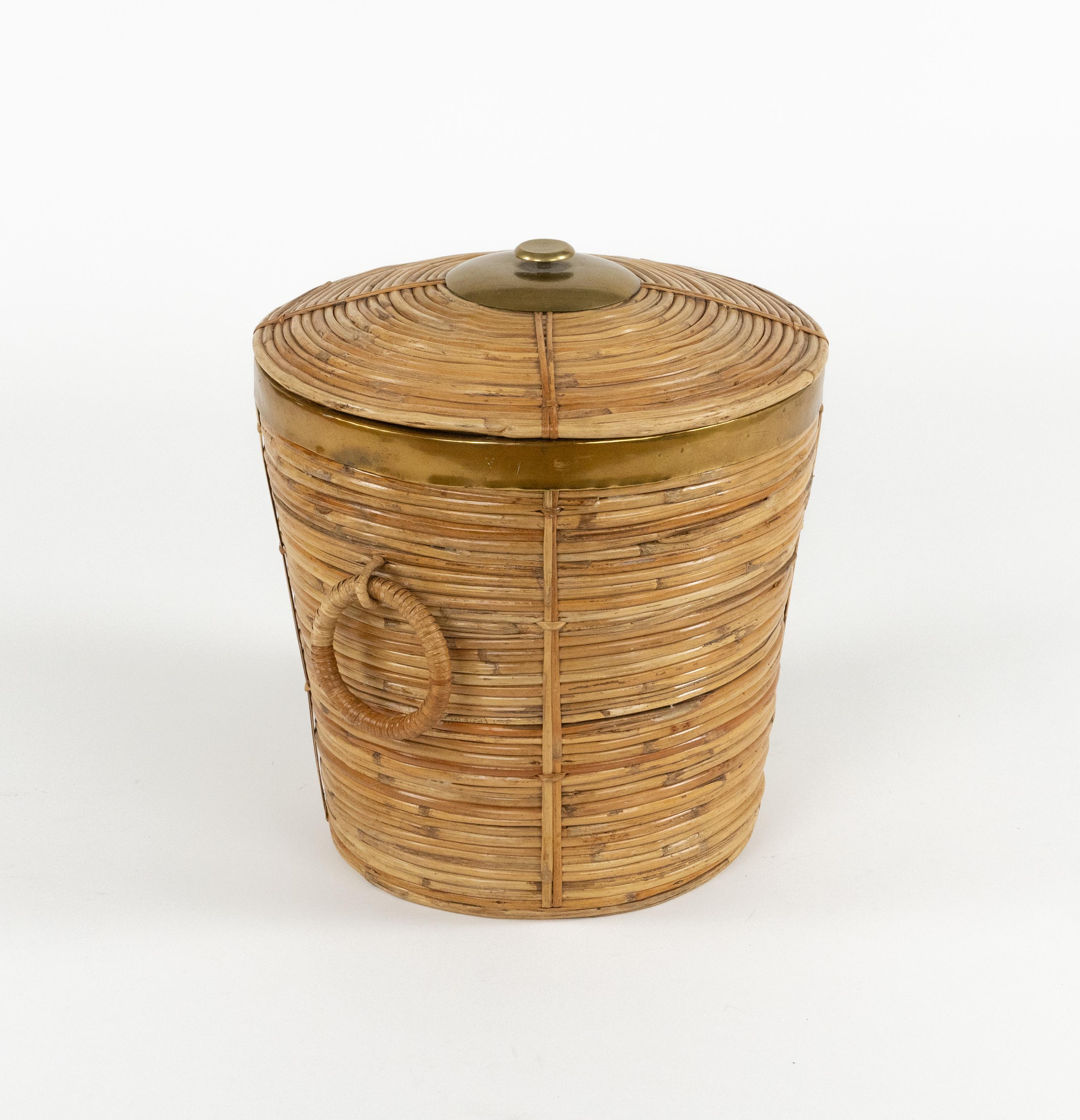 Midcentury Korb Rattan, Weide und Messing Vivai del Sud Stil, Italien 1970er im Angebot 4