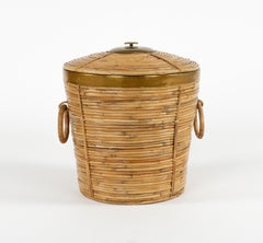 Midcentury Basket Rattan, Wicker and Brass Vivai Del Sud Style, Italy 1970s
