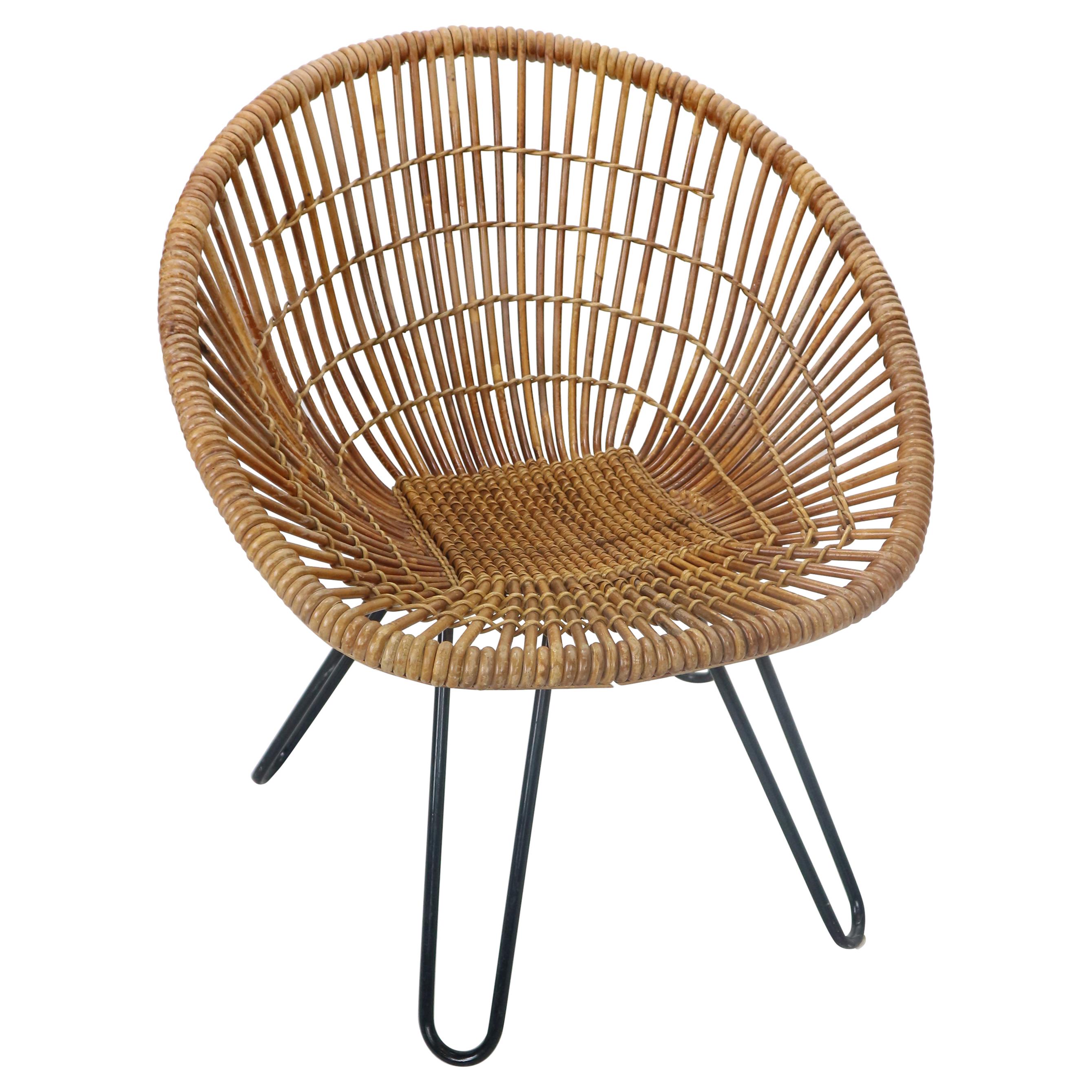 Midcentury Basket Woven Lounge Chair with Hairpin Metal Legs, 1950s