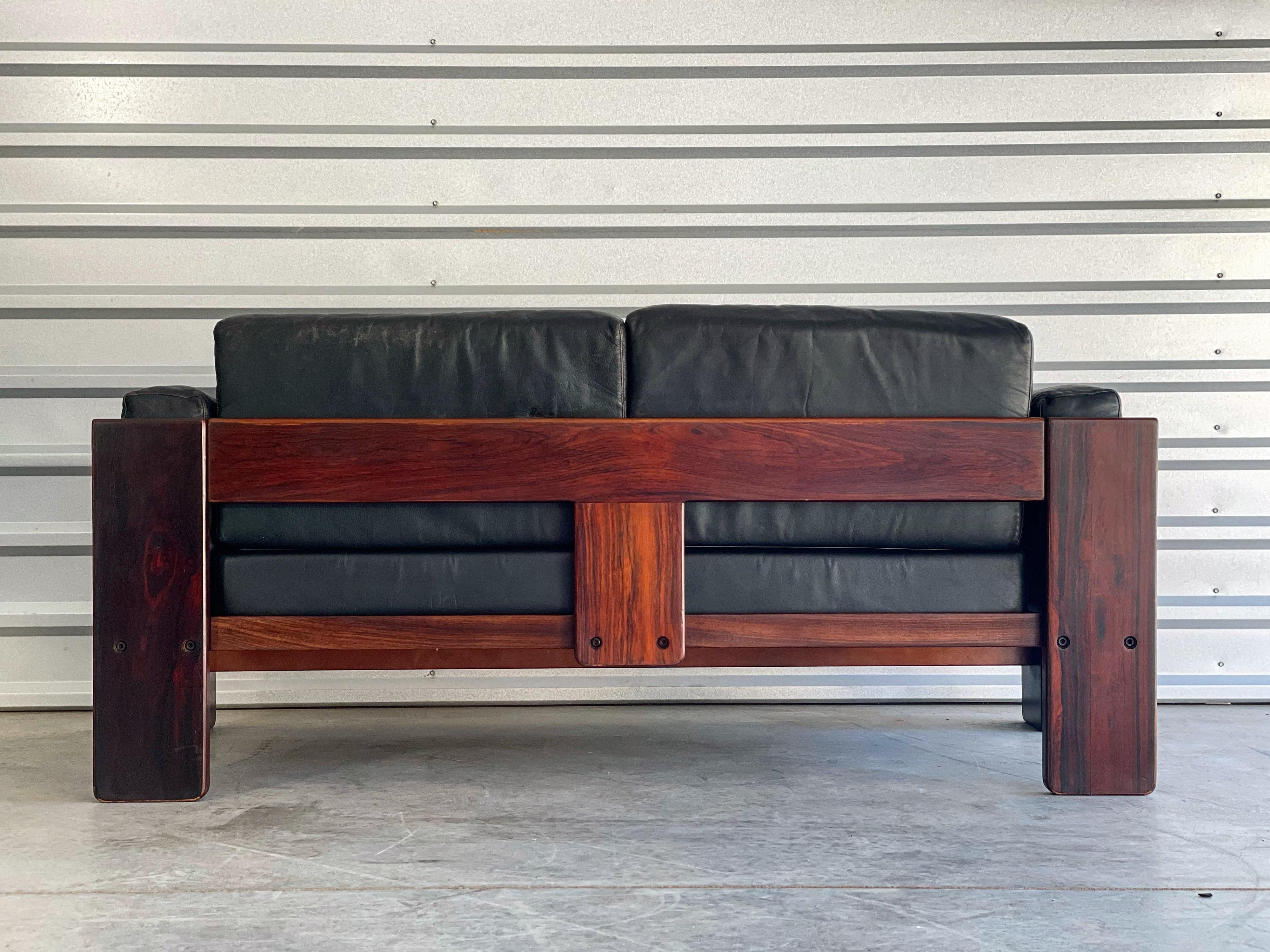 Midcentury Bastiano Sofa in Leather and Rosewood Tobia Scarpa for Gavina Knoll 1