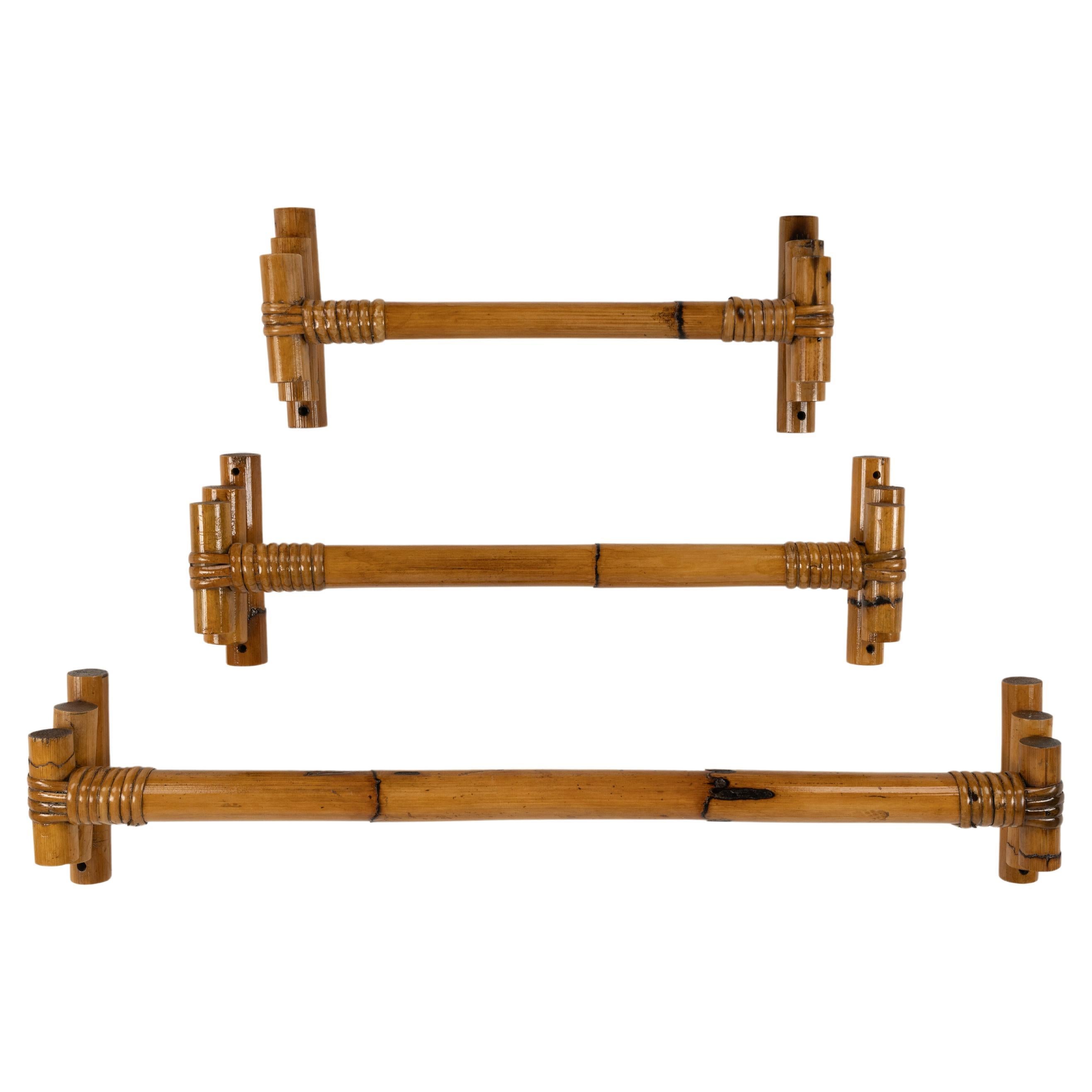 Midcentury Bathroom Set of Three Towel Holder in Bamboo and Rattan, Italy 1970s