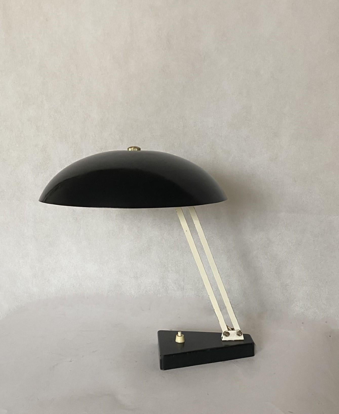 Brass Midcentury Bauhaus Desk Table Lamp Black Enameled Metal, 1950s For Sale