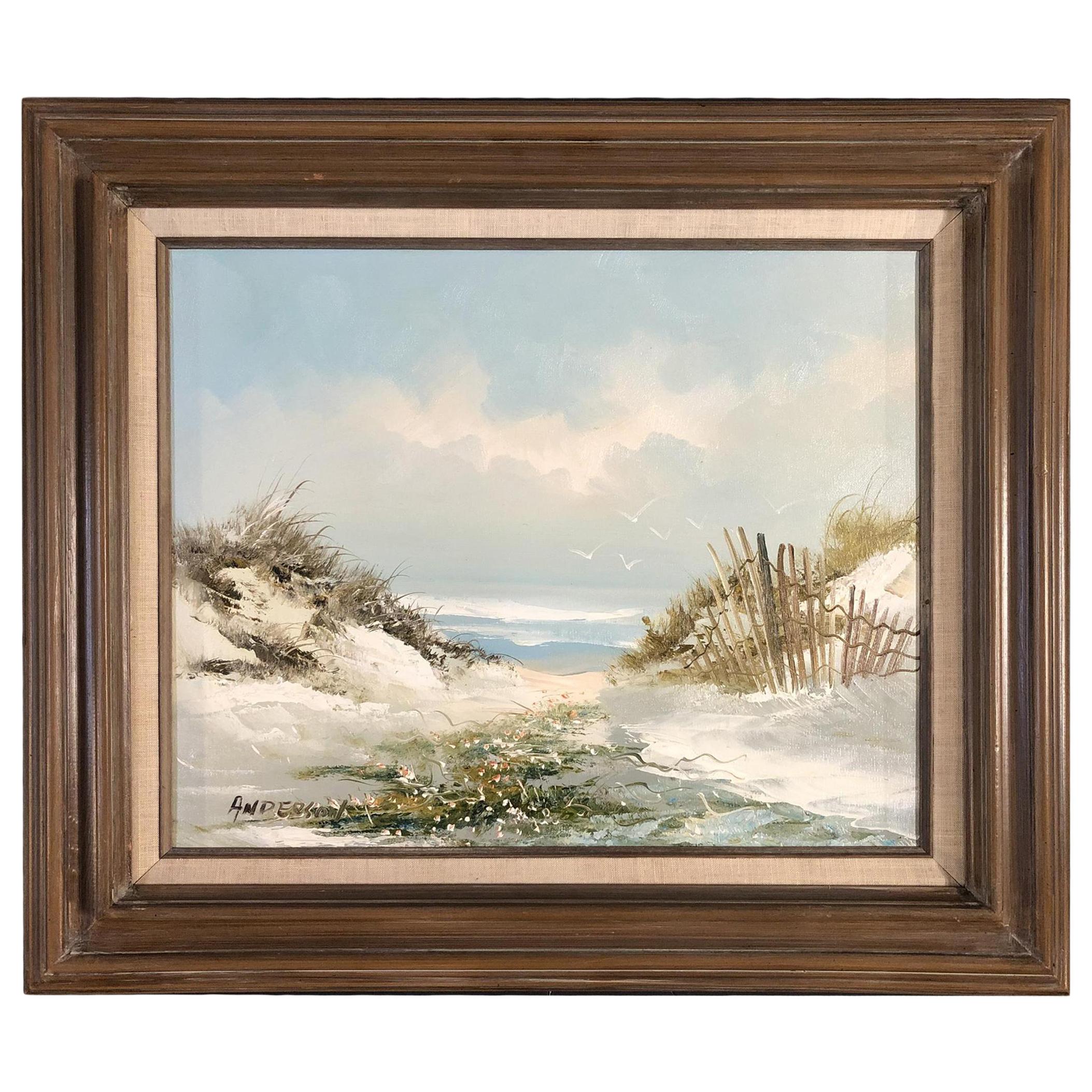 Midcentury Beach Scenic Oil on Board in Original Frame, Post War Signed