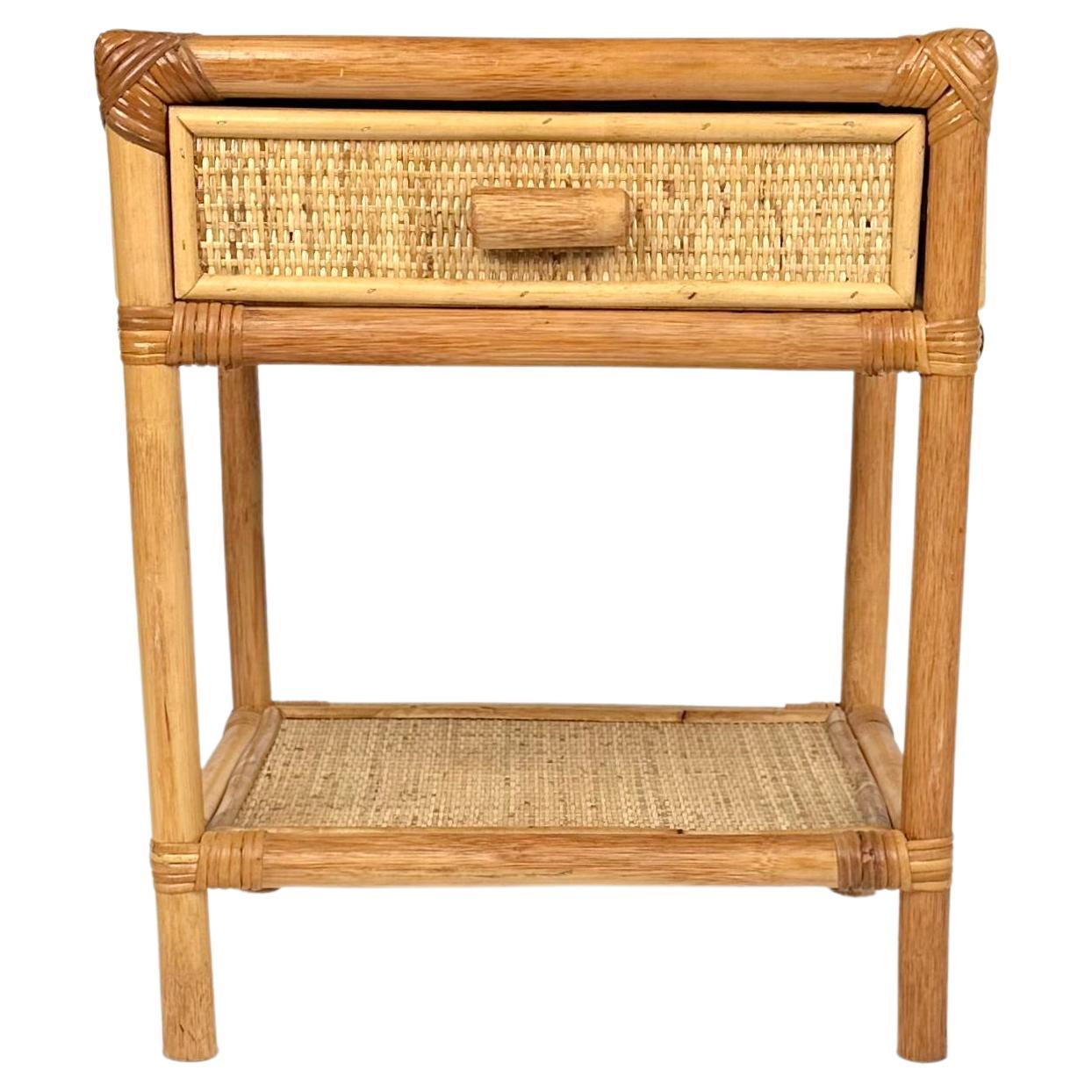 Italian Midcentury Bedside Table Nightstand in Bamboo & Rattan, Italy, 1970s For Sale