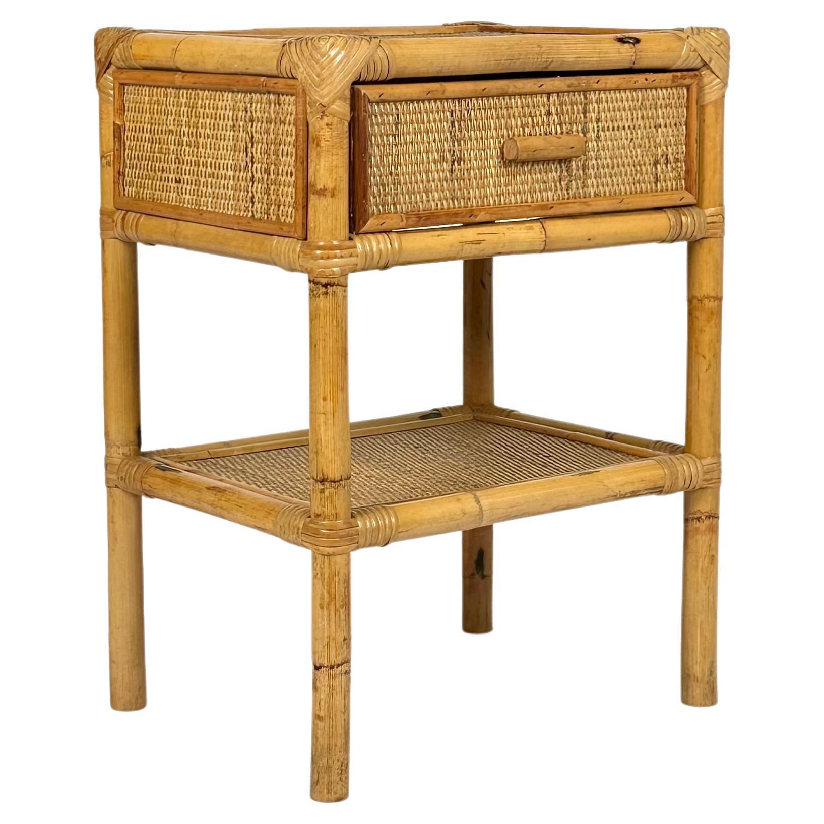 Late 20th Century Midcentury Bedside Table Nightstand in Bamboo & Rattan, Italy, 1970s For Sale