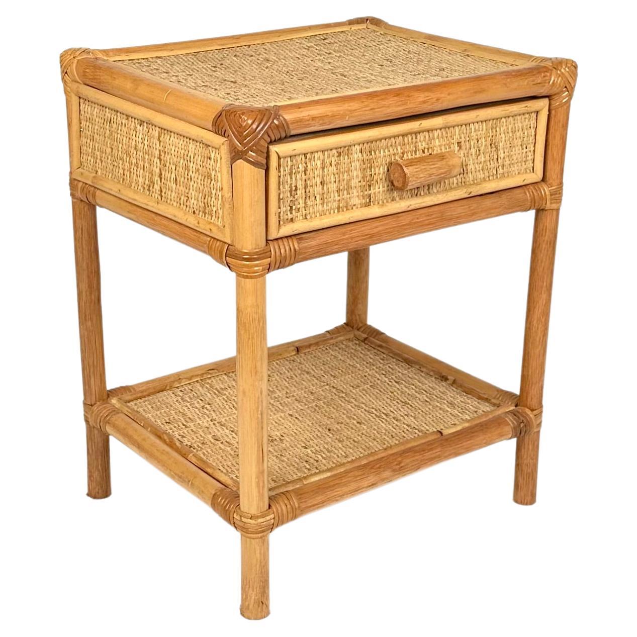 Midcentury Bedside Table Nightstand in Bamboo & Rattan, Italy, 1970s For Sale