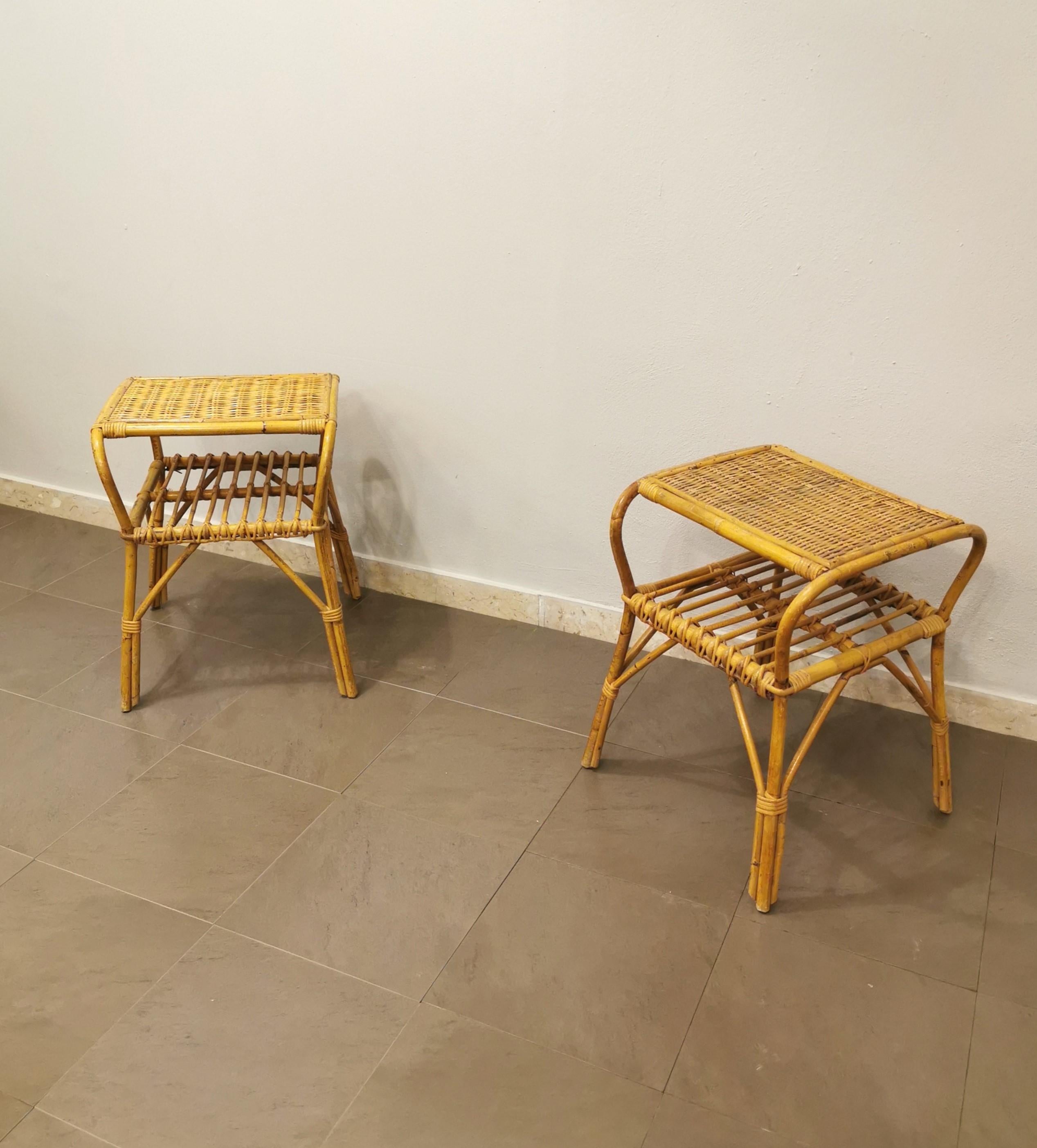 Particular set of 2 bedside tables designed by an unknown designer and produced in Italy in the 1960s. Each single bedside table is in bamboo and rattan with 2 shelves and 4 feet.