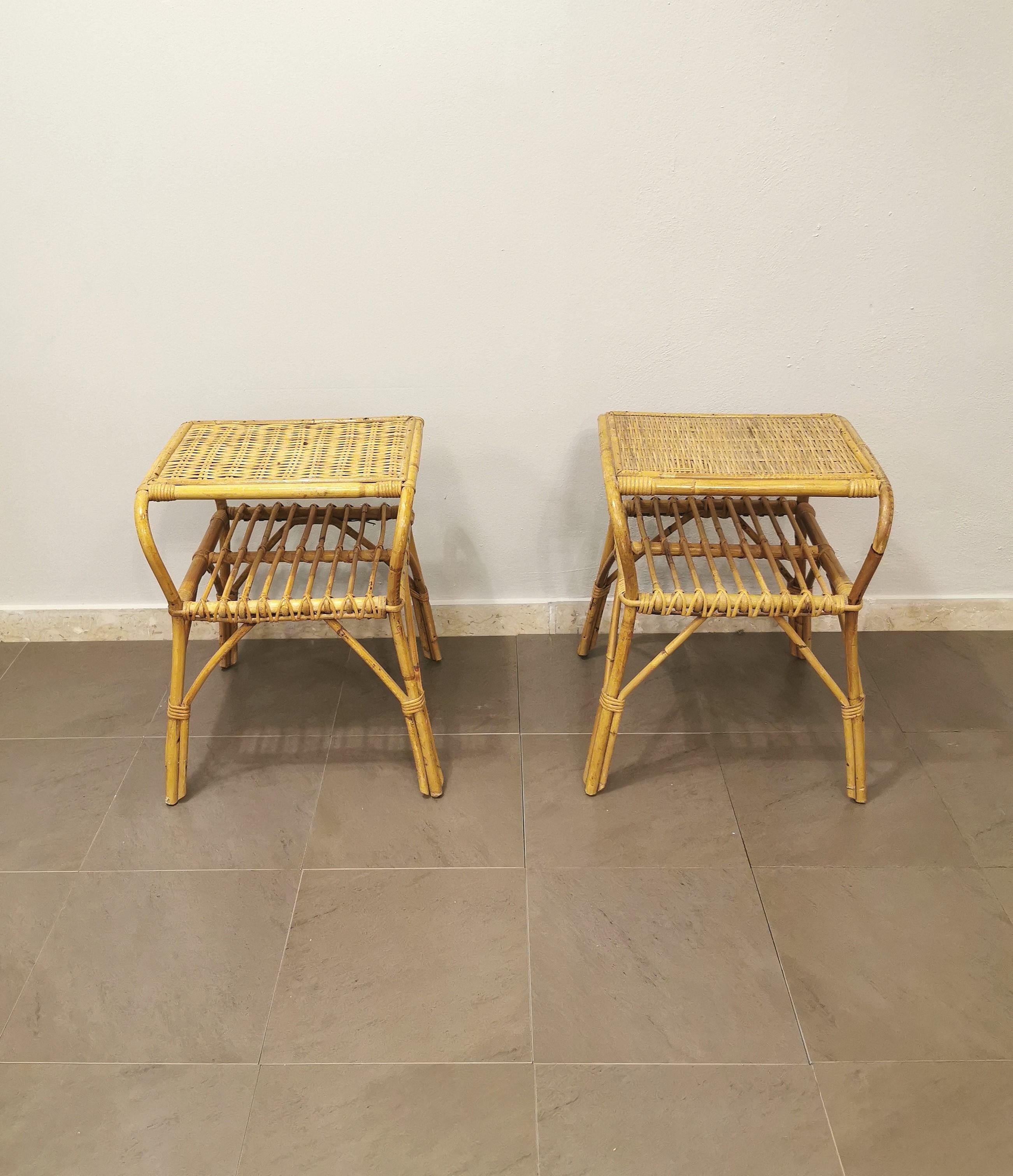 Midcentury Bedside Tables Nightstands Bamboo Rattan Italian Design 1960 Set of 2 2