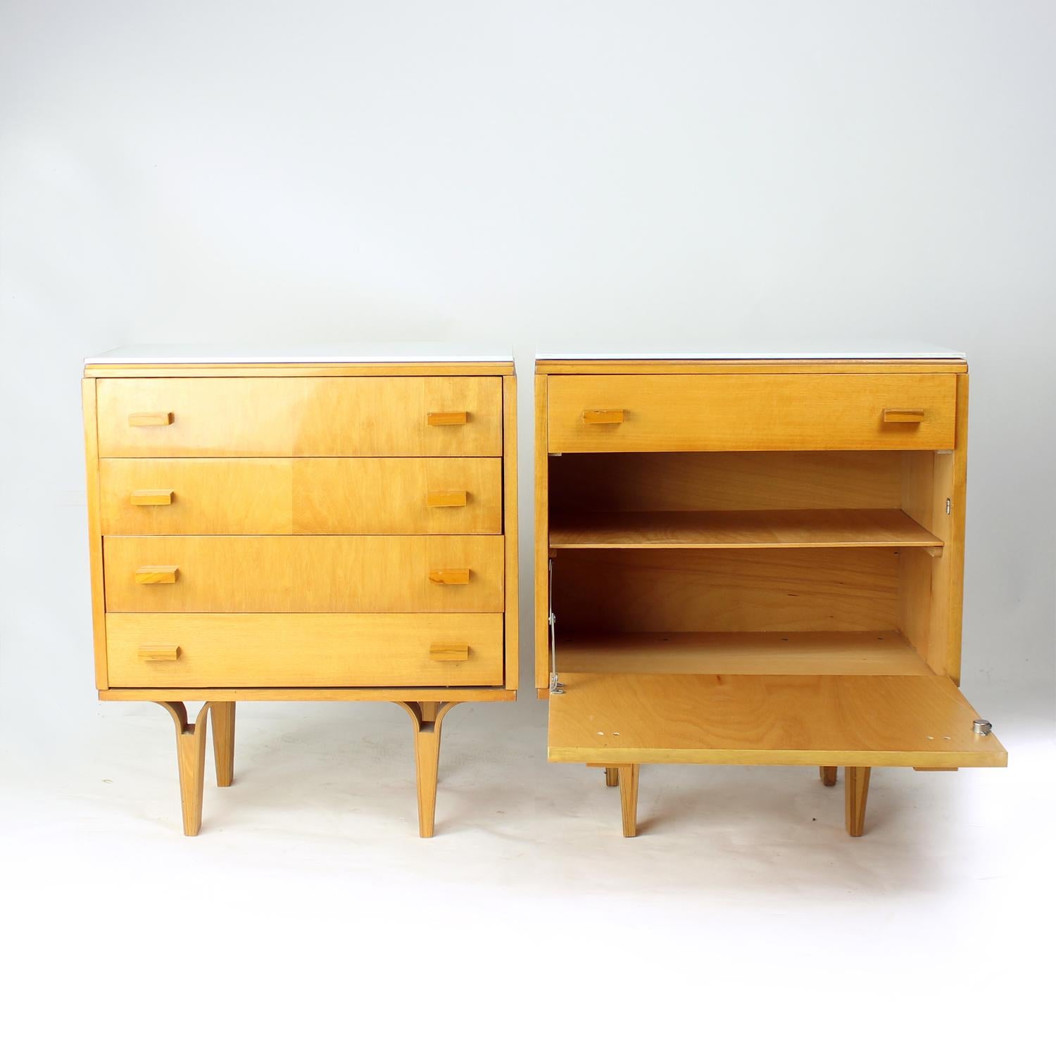 Midcentury Bedside Tables With White Glass Top, Novy Domov, Czechoslovakia 1960s In Excellent Condition In Zohor, SK