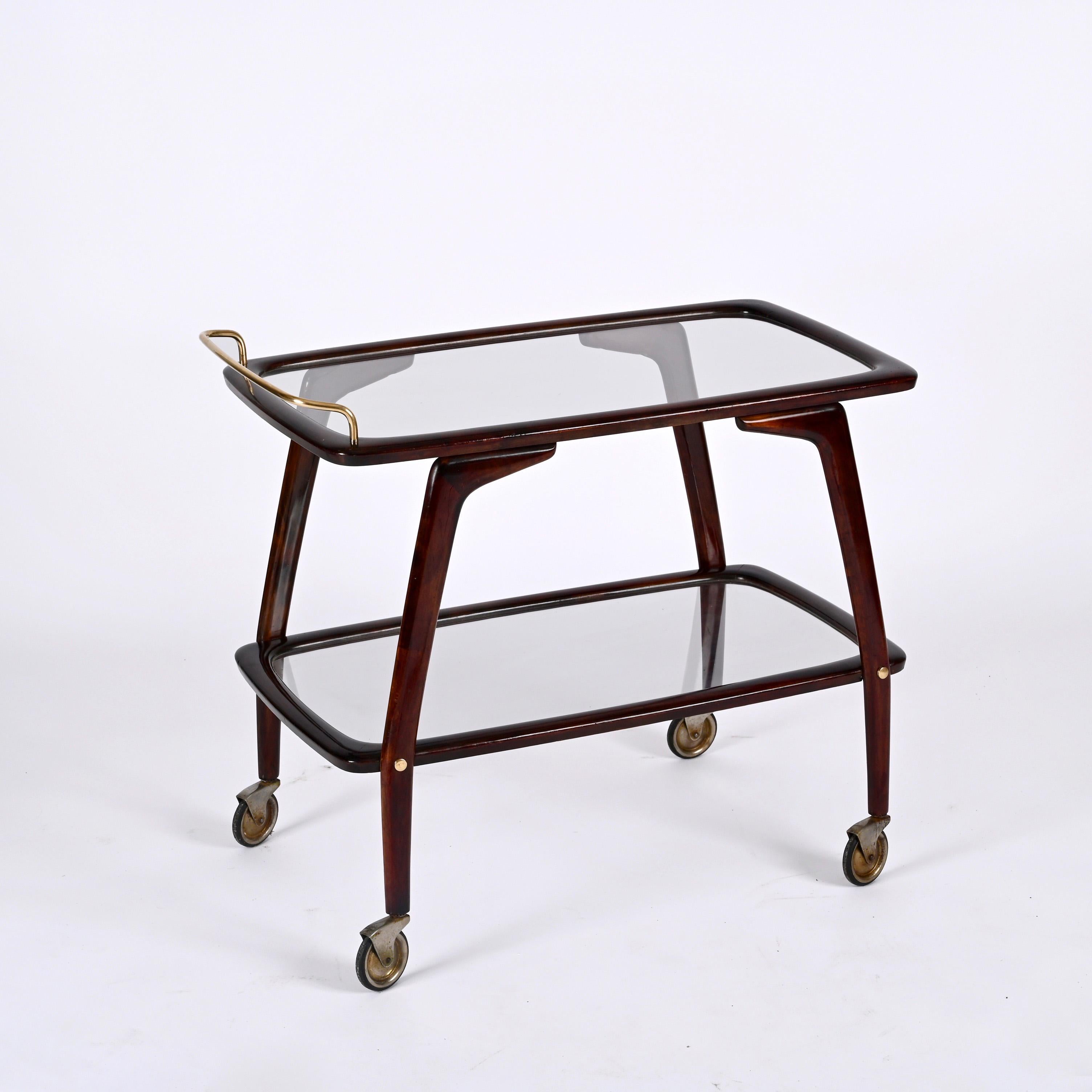 Mid-Century Modern Midcentury Beech and Brass Italian Bar Cart attributed to Cesare Lacca 1950s