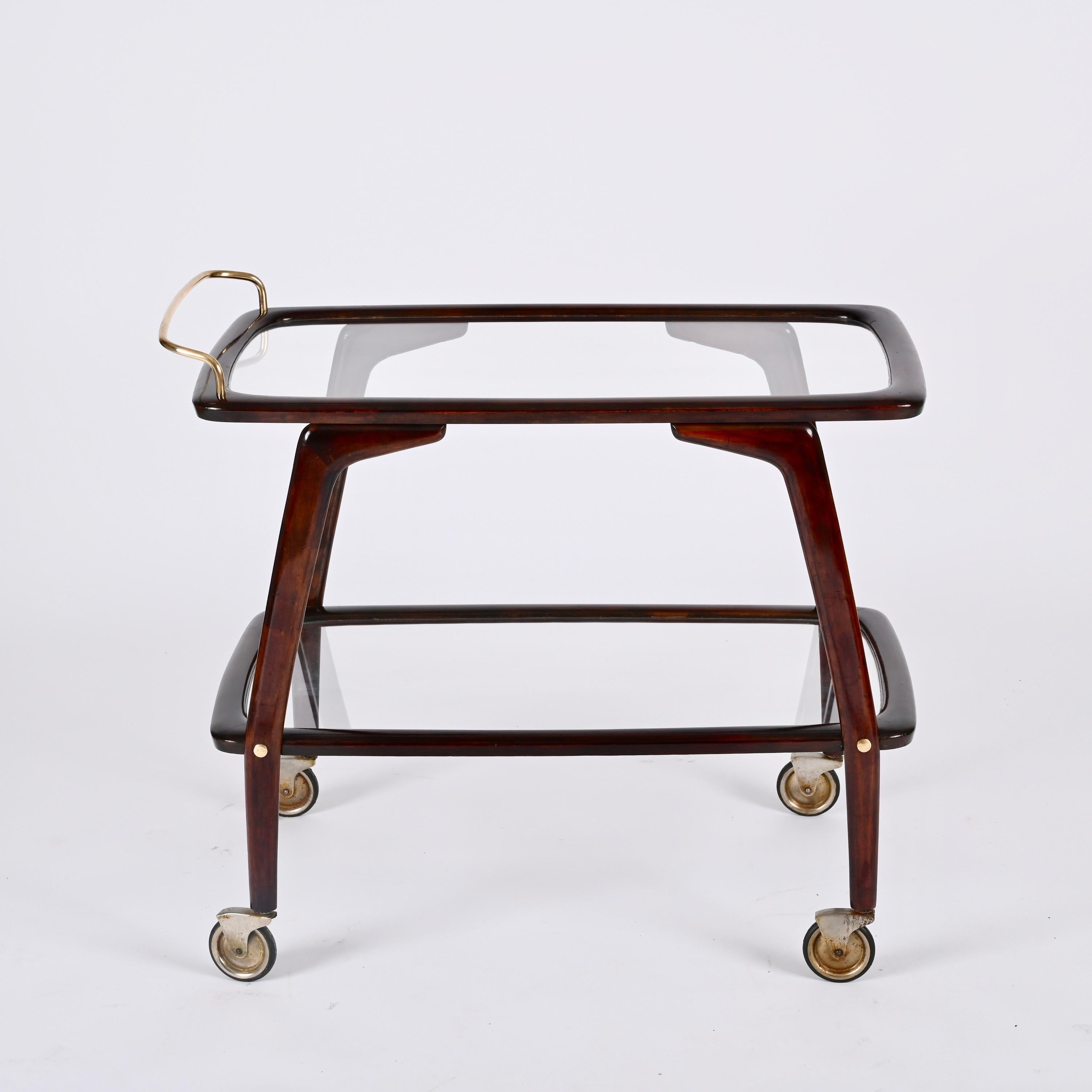 Midcentury Beech and Brass Italian Bar Cart attributed to Cesare Lacca 1950s In Good Condition In Roma, IT
