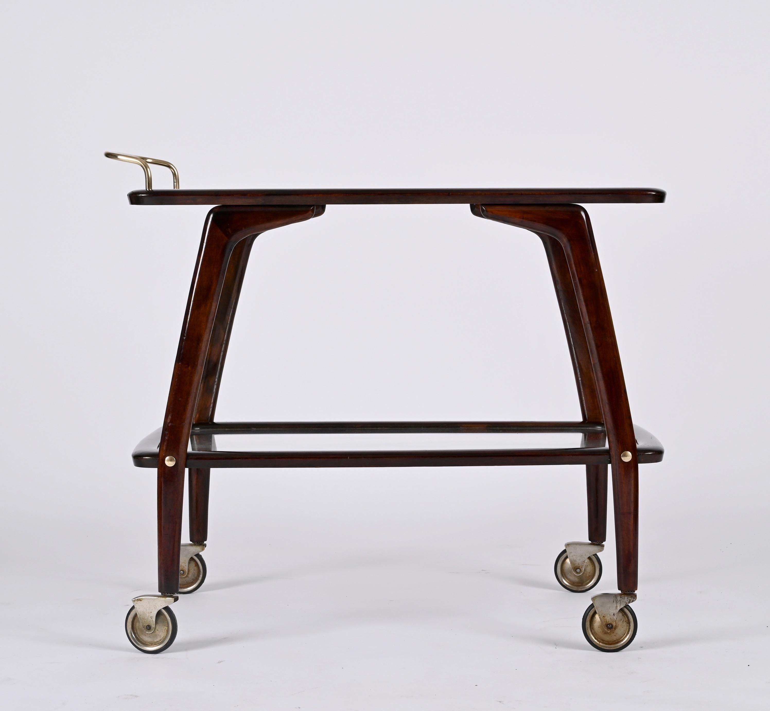 20th Century Midcentury Beech and Brass Italian Bar Cart attributed to Cesare Lacca 1950s