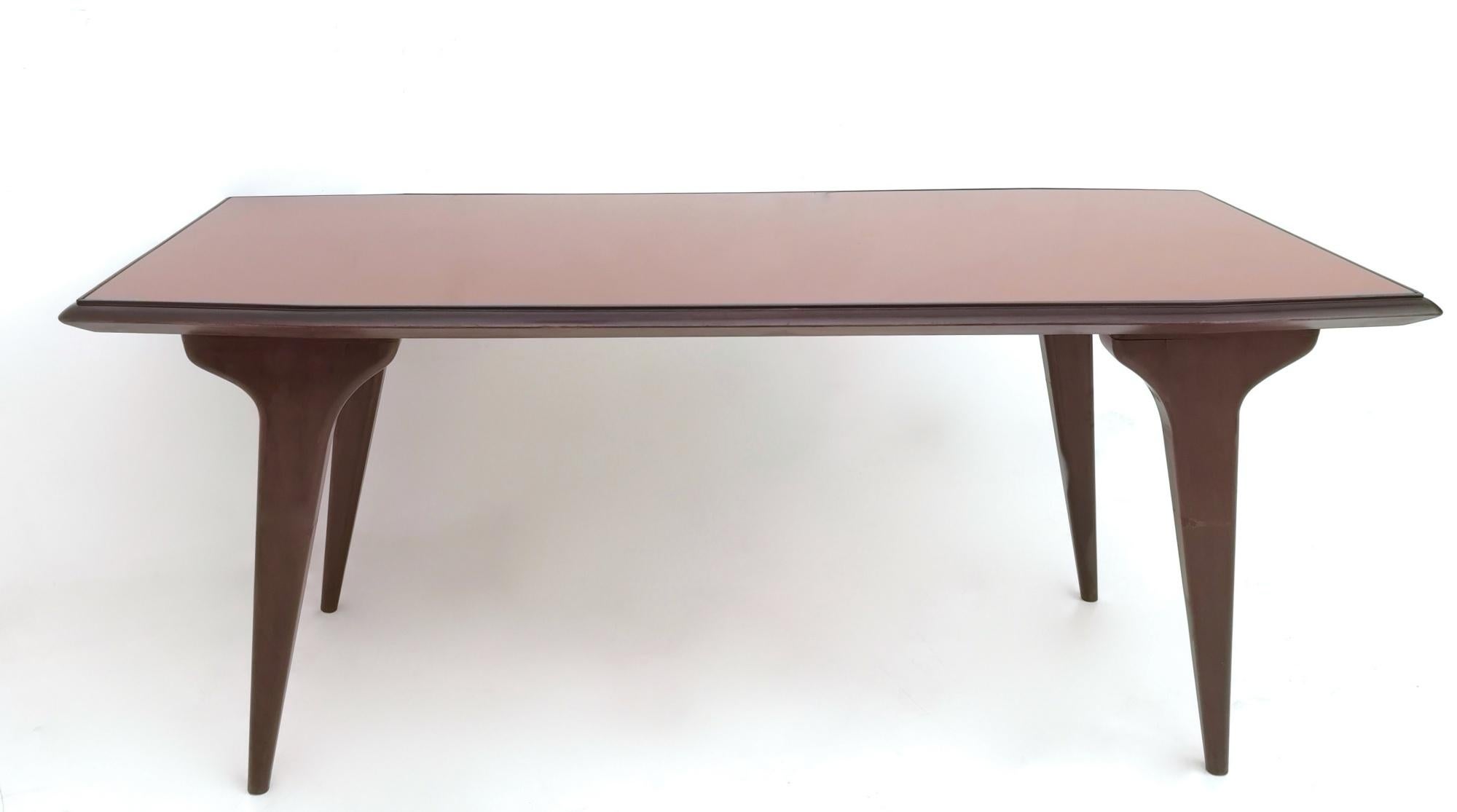 Italian Midcentury Beech Dining Table with a Copper Back-Painted Glass Top, Italy, 1950s