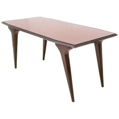 Midcentury Beech Dining Table with a Copper Back-Painted Glass Top, Italy, 1950s